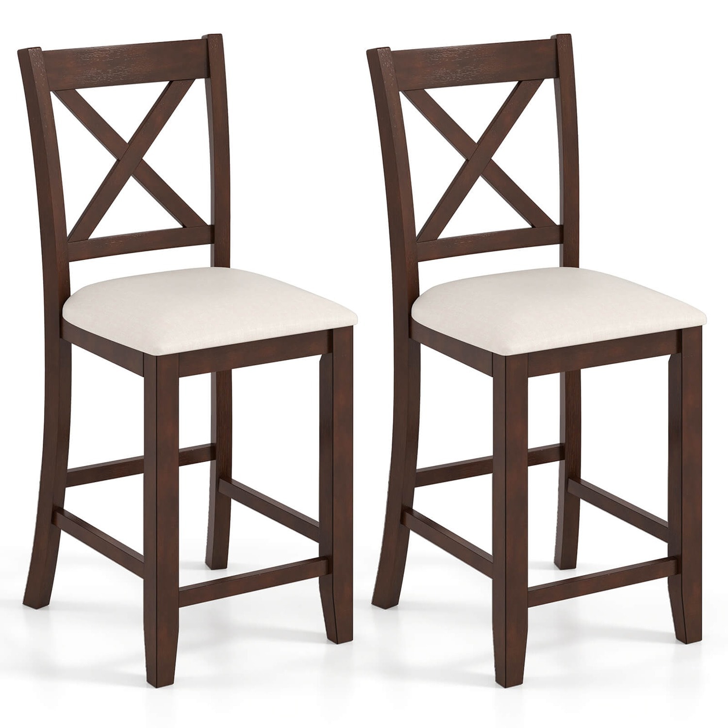 Costway -  Rubber Wooden Bar Stools Set of 2 with Footrest Comfortable Linen Cushion