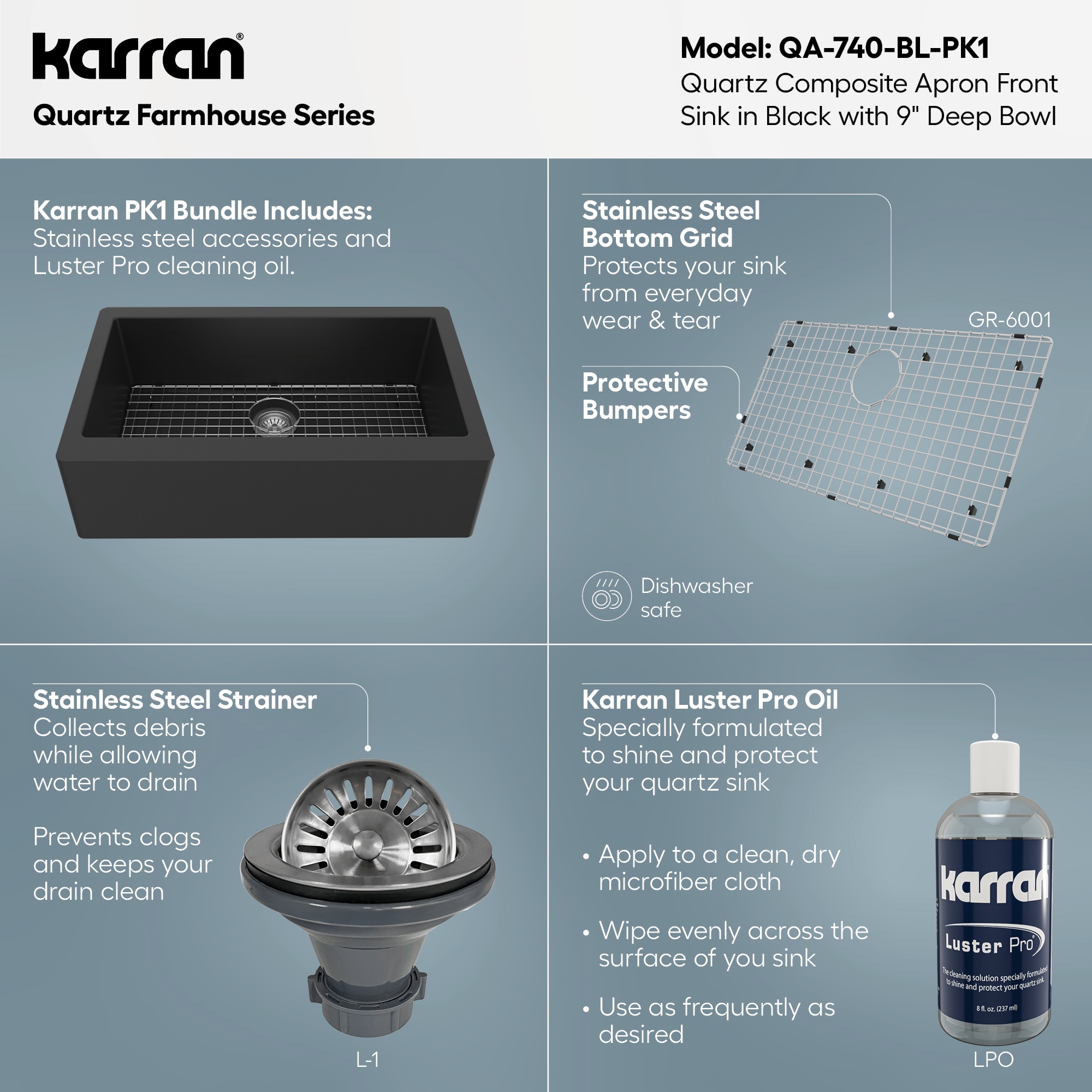Karran Farmhouse Apron Front 34-in x 21.25-in Black Quartz Single