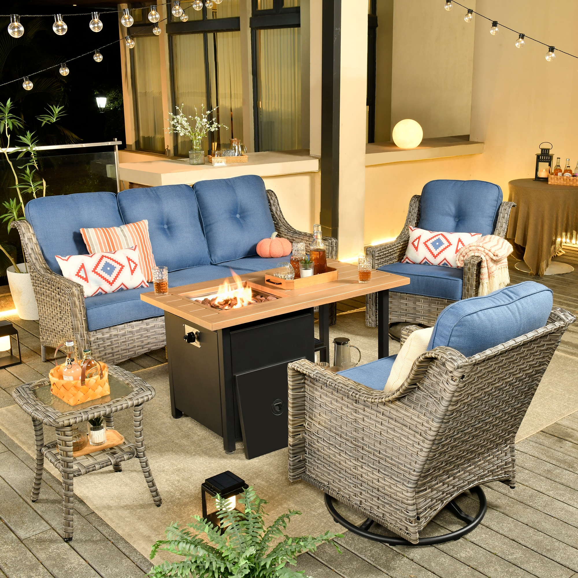 Ovios RFP11PD5-4Y 5 -Piece Wicker Patio Sofa Conversation Set with Blue Cushions