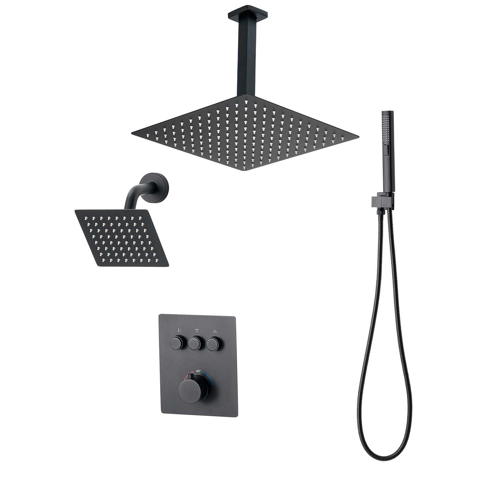 GIVIMO 3-Function Thermostatic Rainfall Shower System - 12-in Ceiling Mount and 6-in Wall Mount Dual Rain Shower Heads with 2-in-1 Handheld Spray - Brass Valve Trim Kit Matte Black