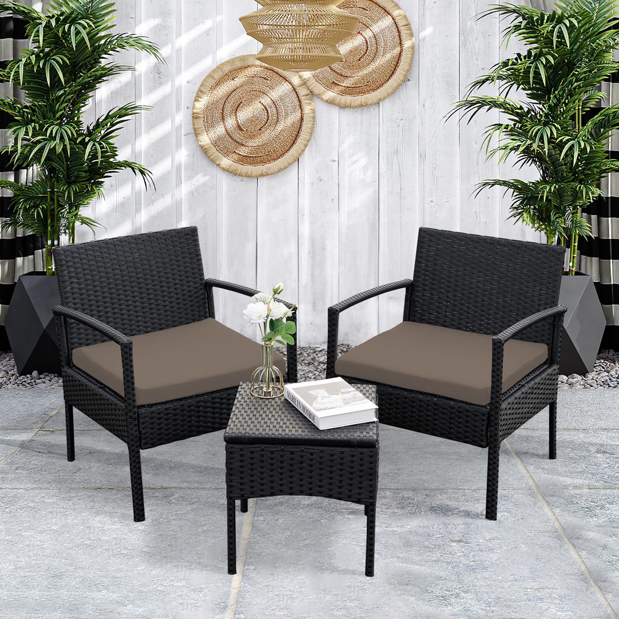Grearden HZ012-SD-NF 3pcs wicker conversation set 3 -Piece Wicker Patio Conversation Set with Brown Cushions