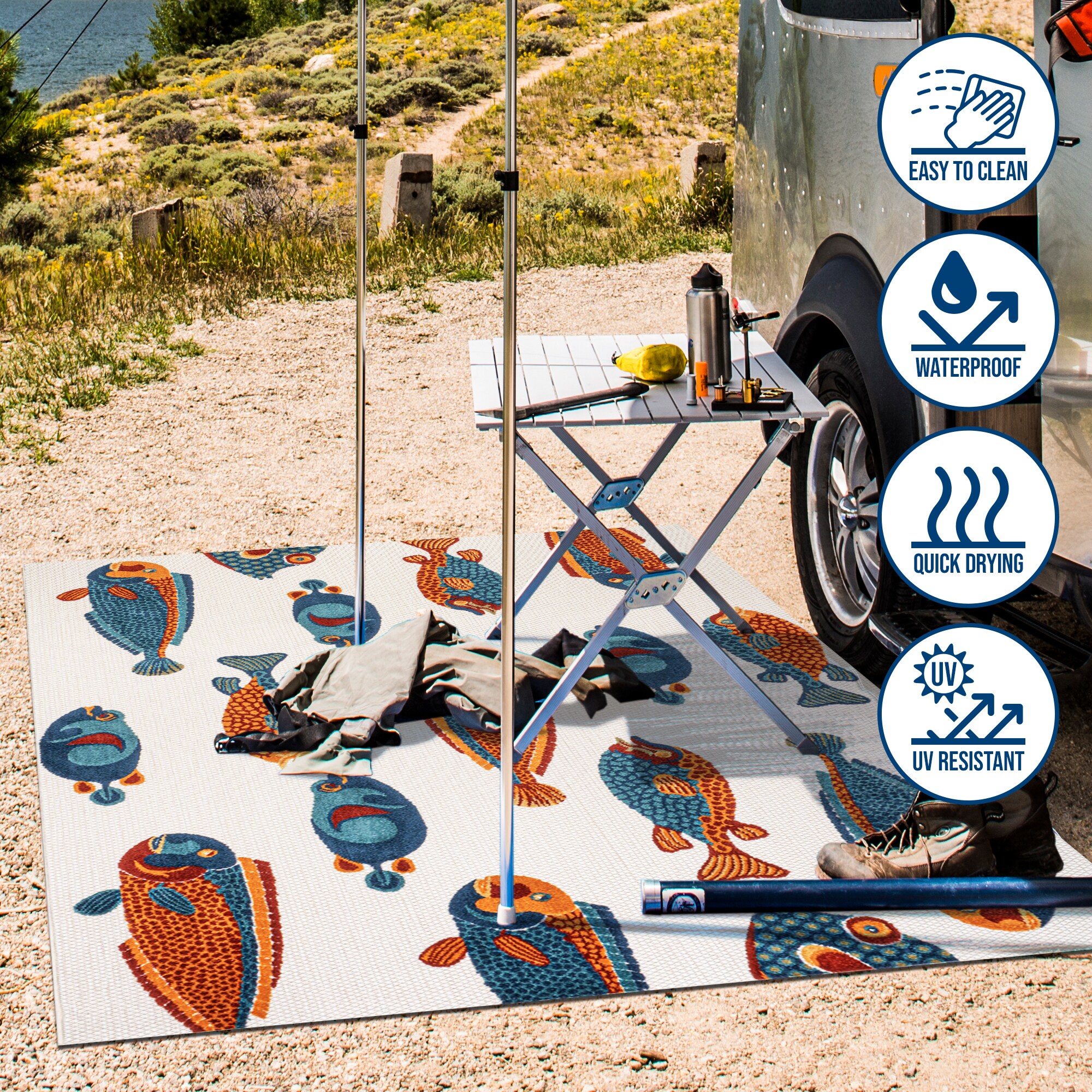 Navy and Orange Coastal Fish Pattern Synthetic 8' x 10' Area Rug