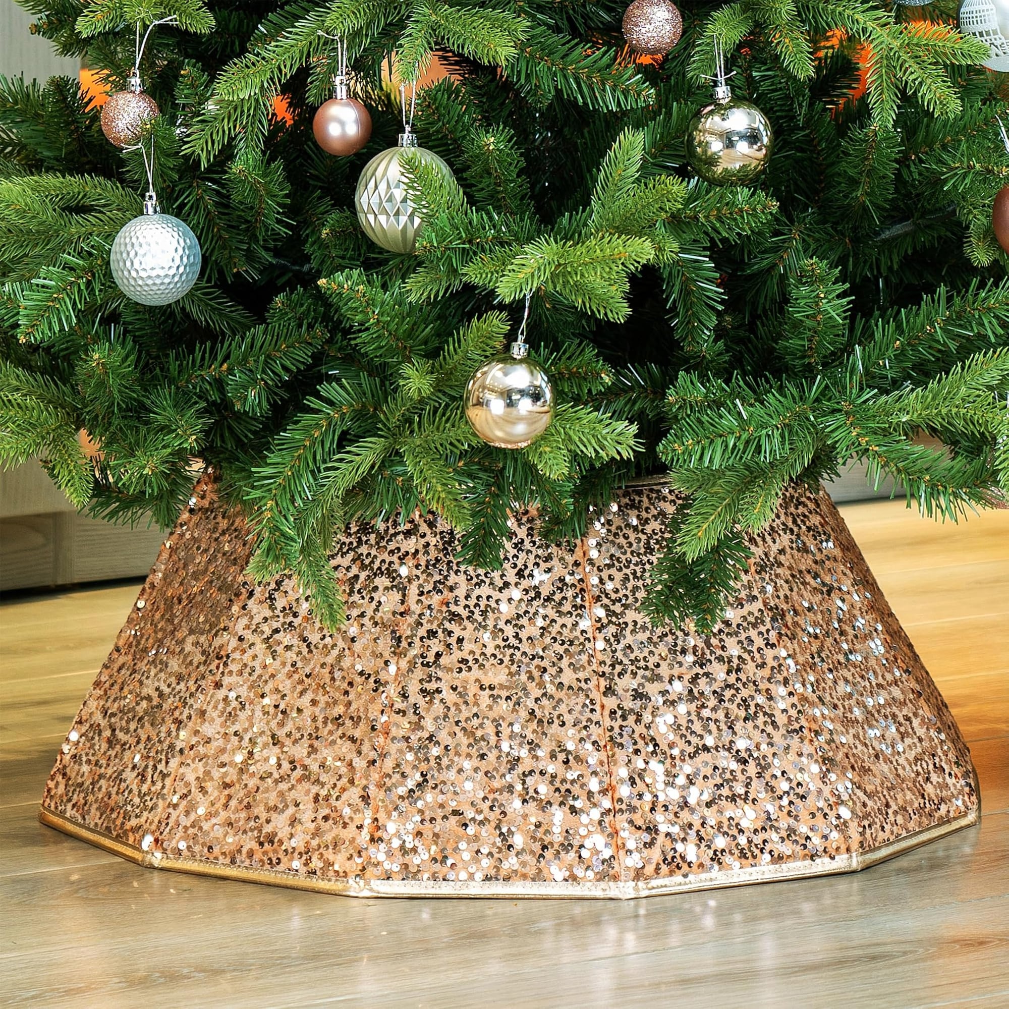 Numhew Champagne Sequin Christmas Tree Collar 25.2 Inch Foldable Tree ...
