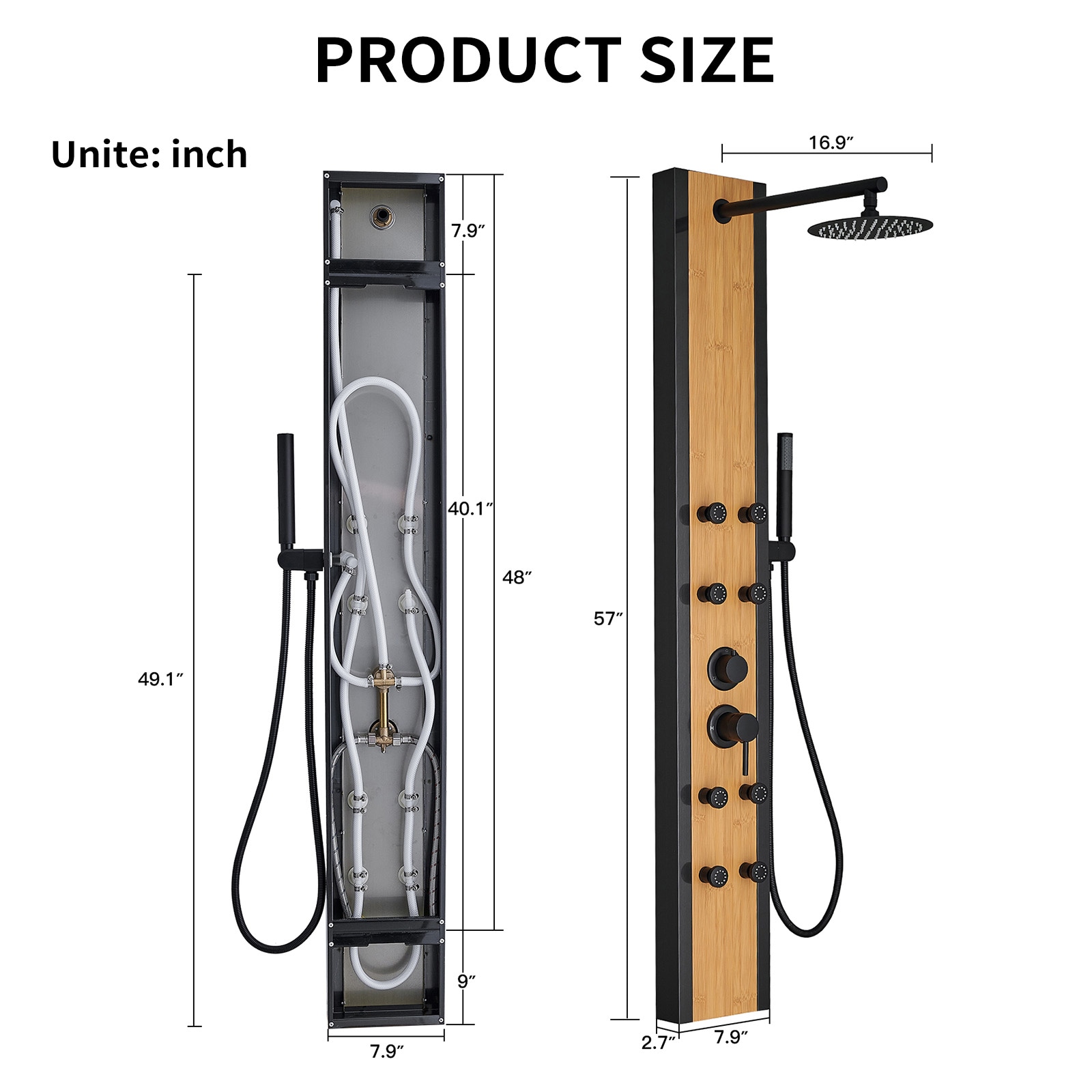 Matte Black and Bamboo 60'' Shower Panel System with Jets
