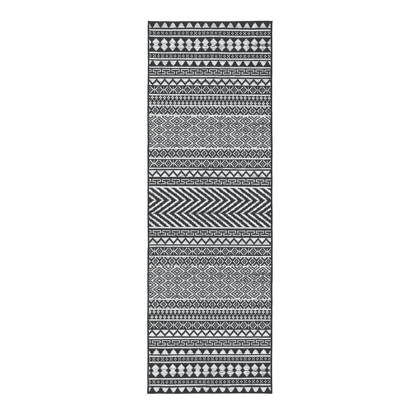 Qeetex SUNNY-PHO-15DJPXQK 2 x 8 ft Polyester Black Rectangular Dining Room Laundry Bathroom Kitchen Geometric Stripped Print Modern Machine Washable Runner Rug