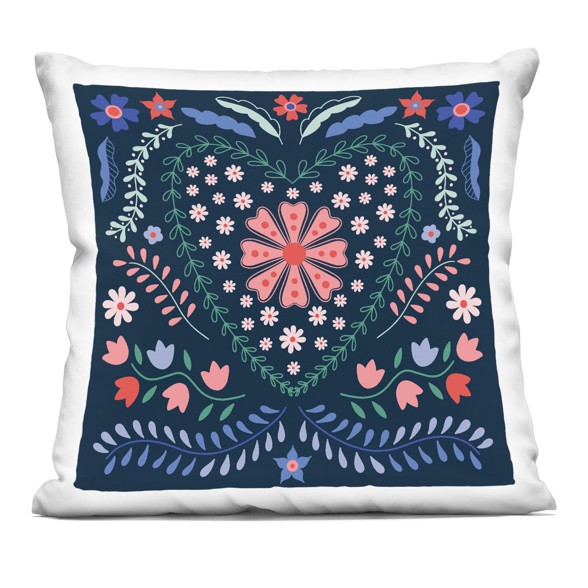 Stupell Industries PLP-133-SQW-18X18 Folk Flowers in Heart Pattern Decorative Printed Pillow Design by Sazerelli Designs