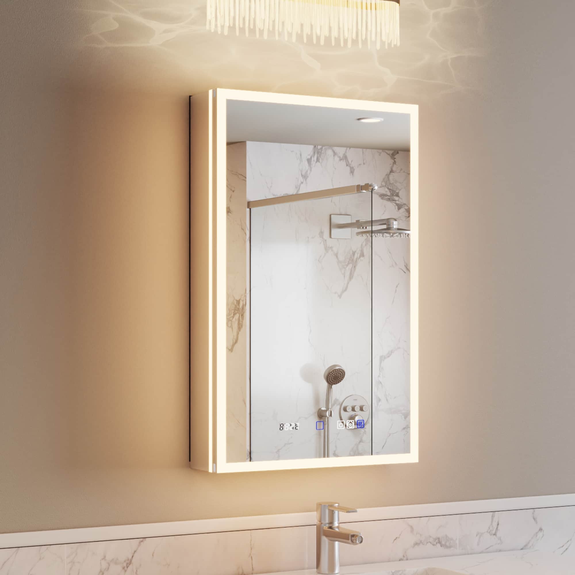 ExBrite W7MC3636 Vellure 20-in x 32-in Lighted LED Fog Free Surface/Recessed Mount Stardust Silver Mirrored Rectangle Soft Close Medicine Cabinet with Outlet