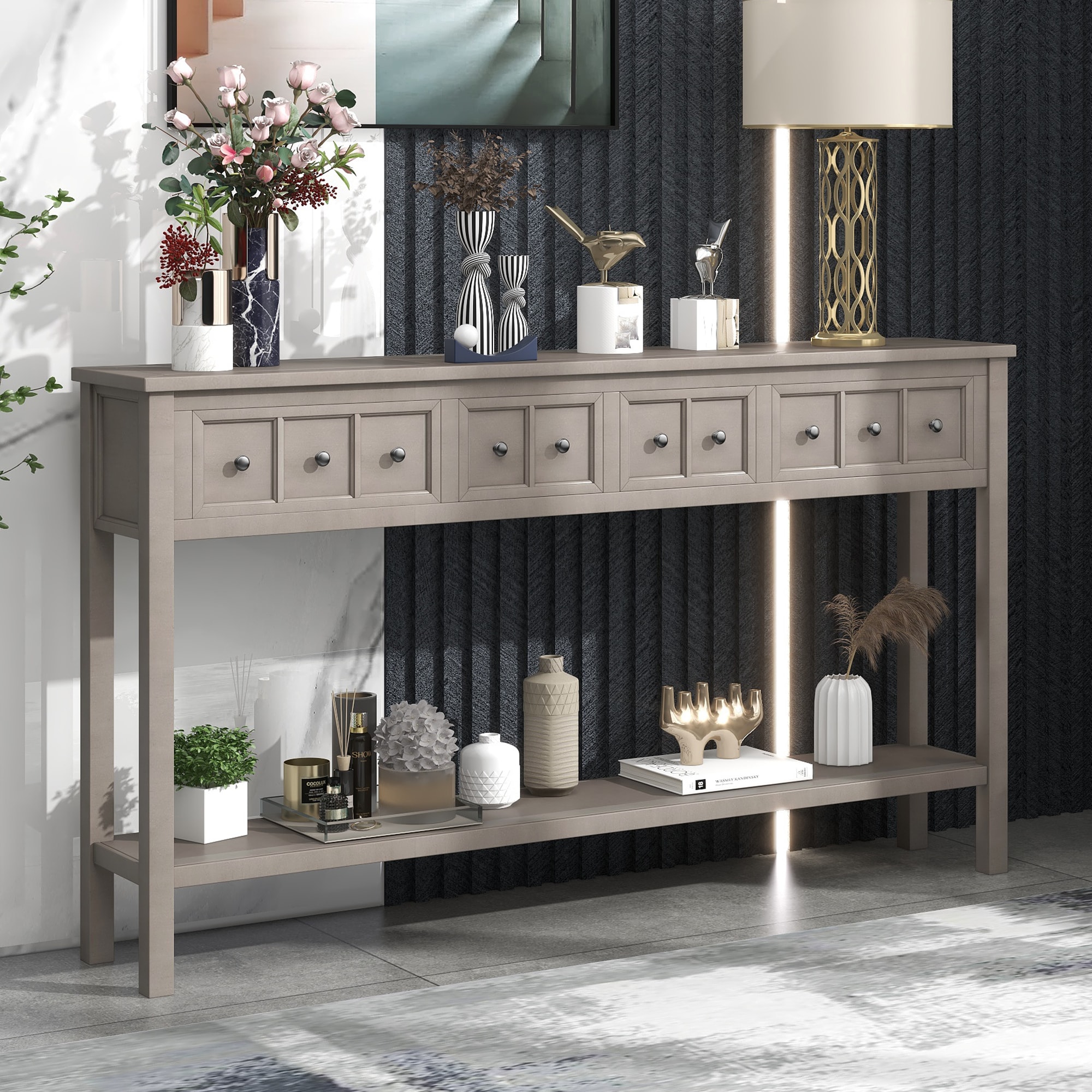 ModernLuxe WF281290AAE Rustic Entryway Console Table 60inch Long Sofa Table with two Different Size Drawers and Bottom Shelf for Storage Gray Wash
