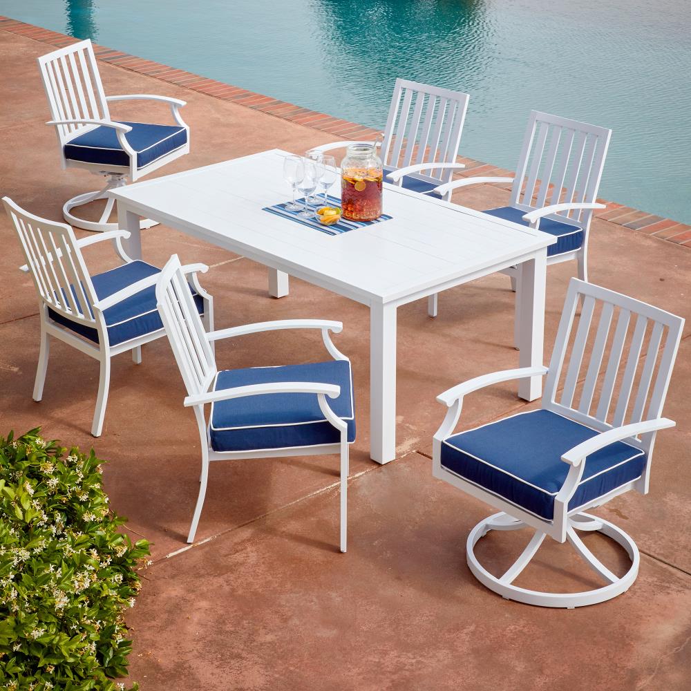 blue and white patio dining set