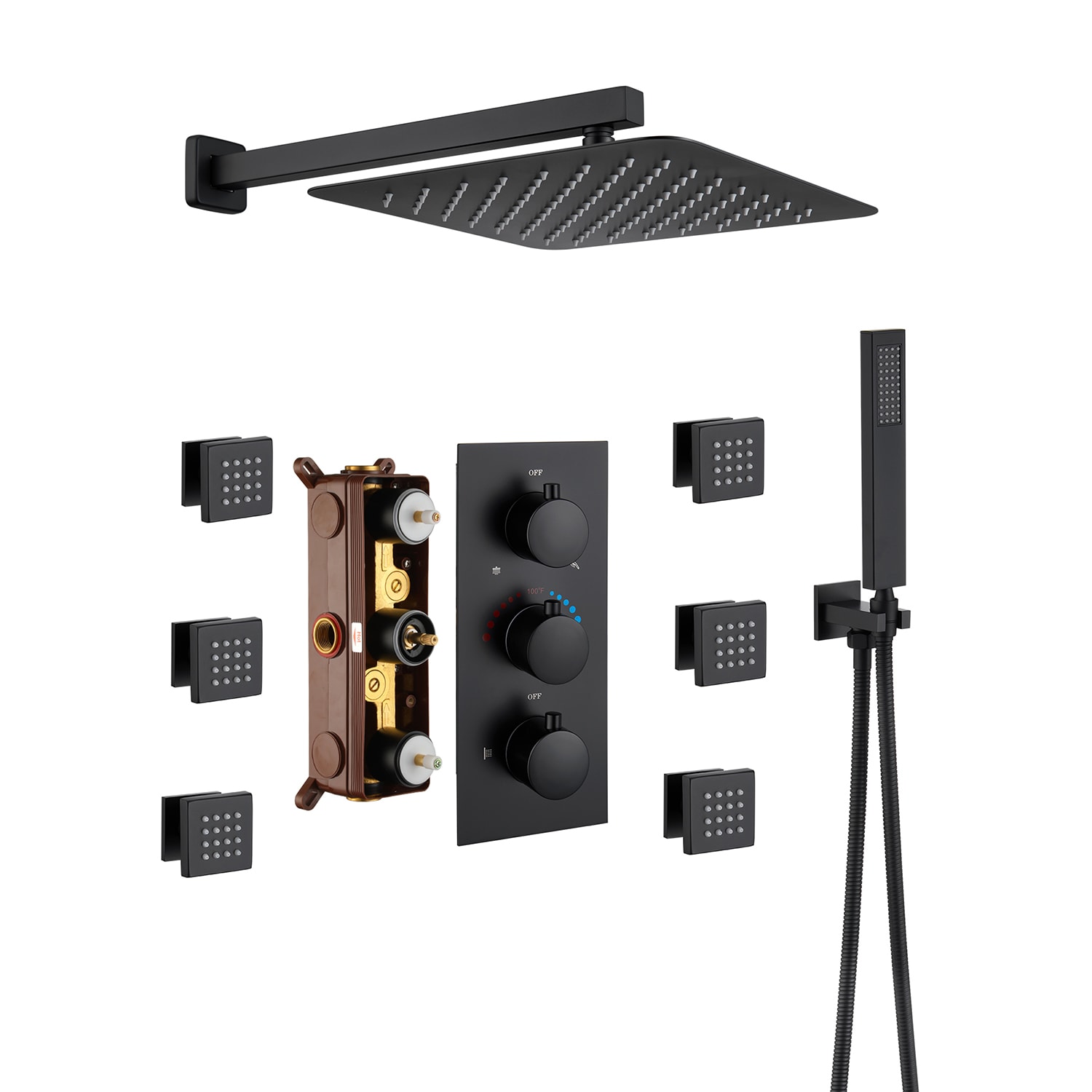 Mondawe WF6001-12BL Matte Black 12-in Built-In Shower Faucet System with 3-way Diverter ( Thermostatic Valve Included )