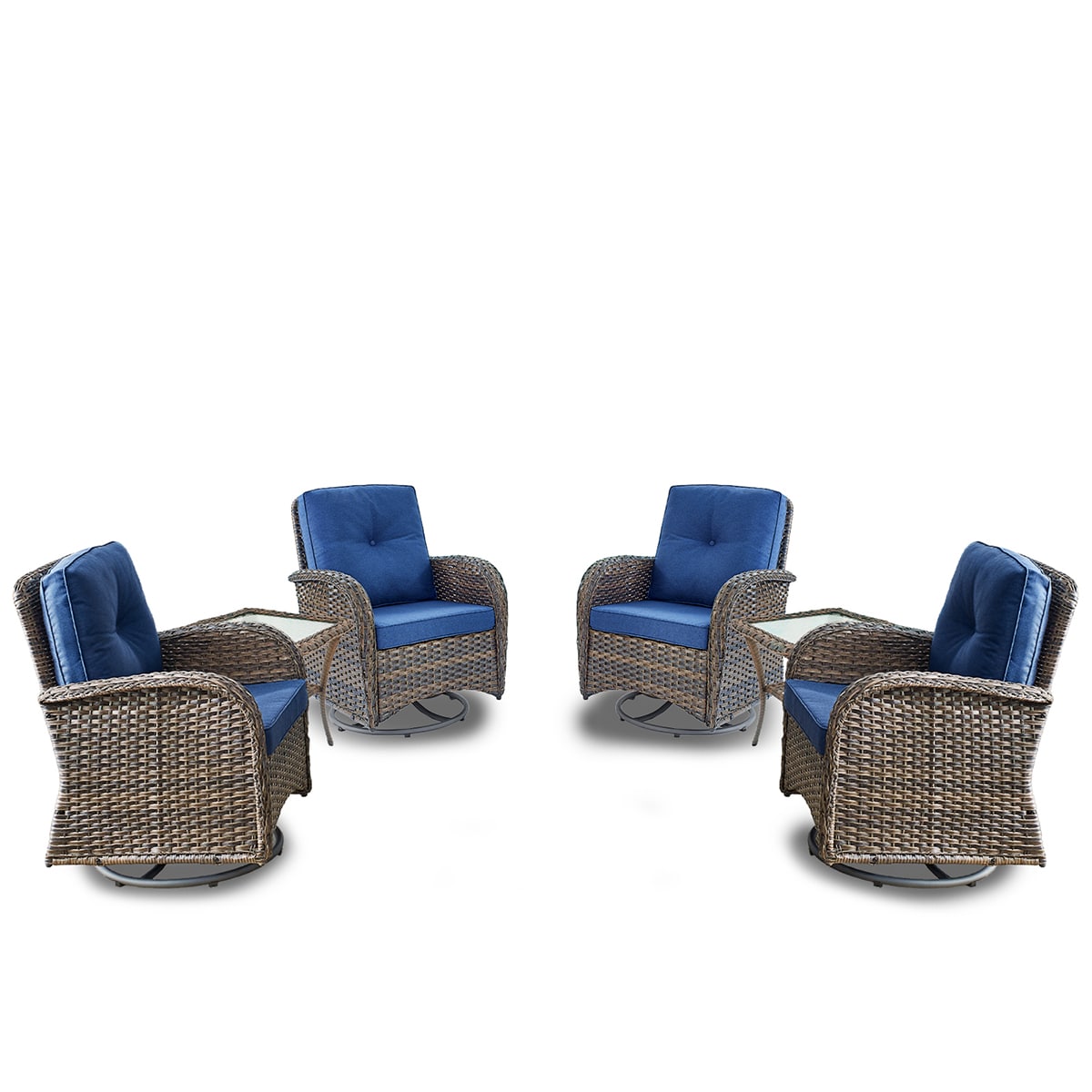 Rilyson FS085X2-1 KEY WEST Set of 4 Wicker Brown Wicker Frame Swivel glider Conversation Chair with Brown Blue Cushioned Seat