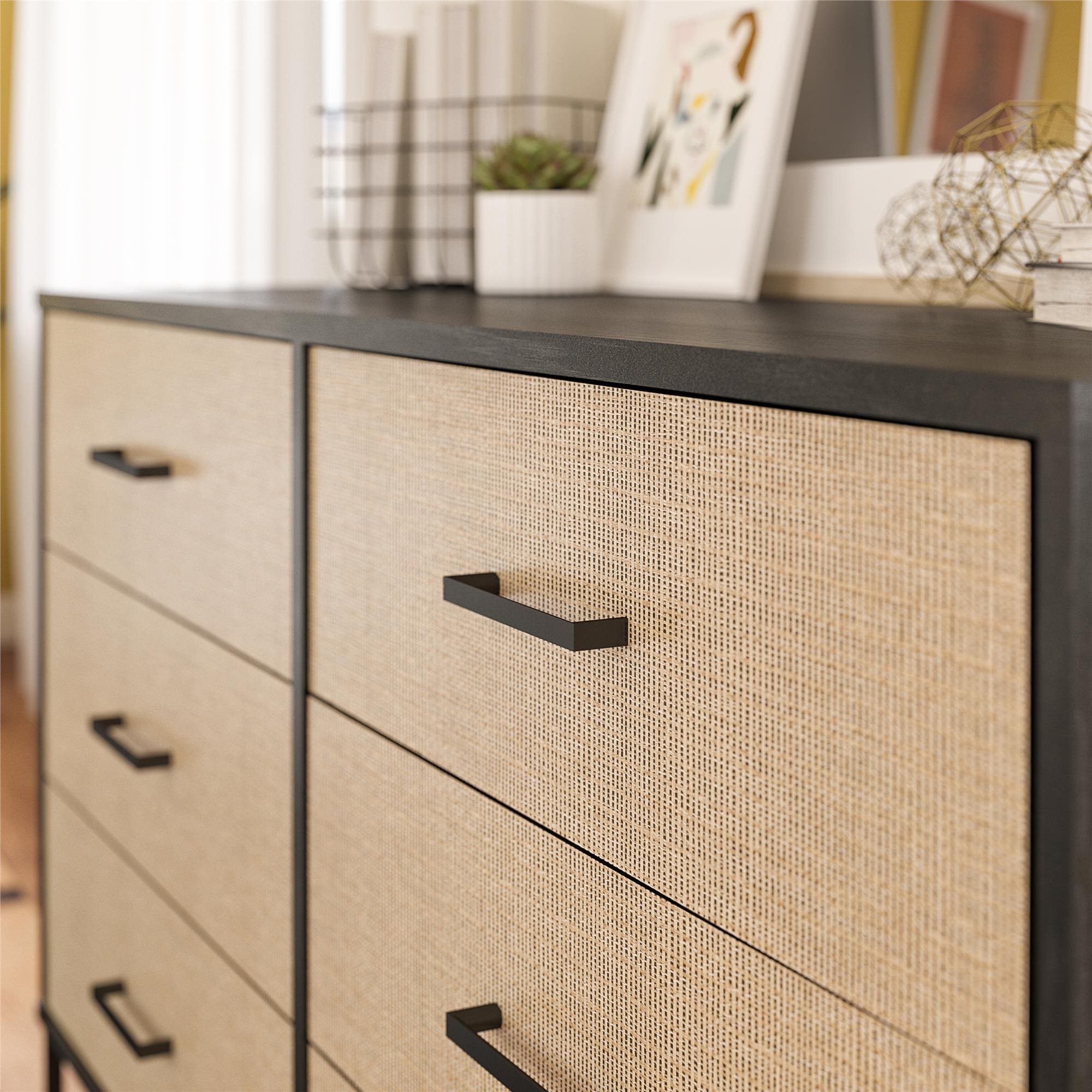 Coastal Black Oak & Faux Rattan 6-Drawer Dresser