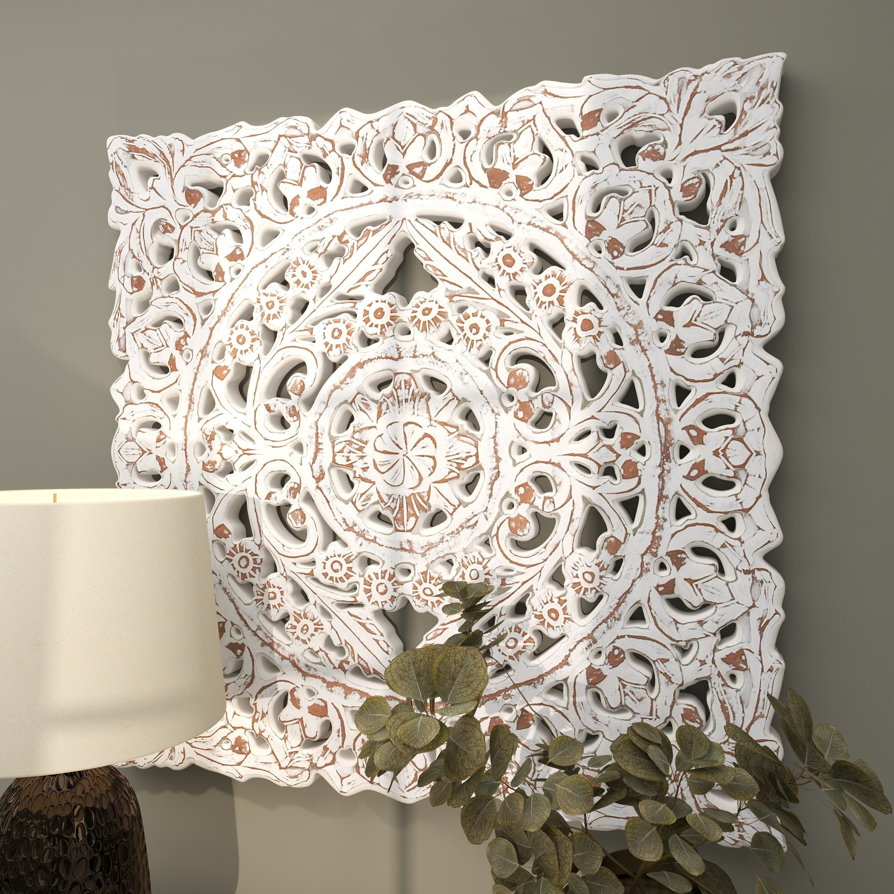 Whitewashed Wood Botanical Carved Wall Panel, 36" Square