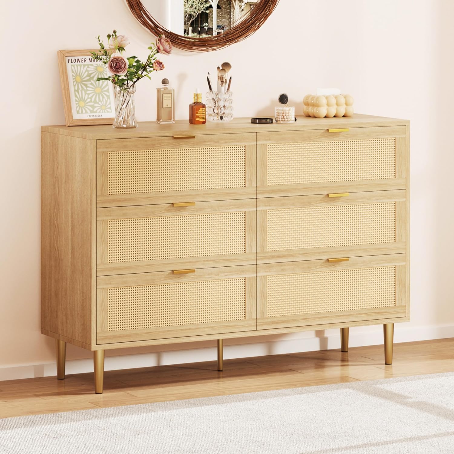 Qeetex LHF-DG-839OPBG5044 Rattan 6 Drawer Dresser for Bedroom - Modern Chest of Drawers with Gold Legs and Gold Handles - Wide Double Dresser with Large Tabletop and Anti-tipping Design for Bedroom/Living Room - Natural