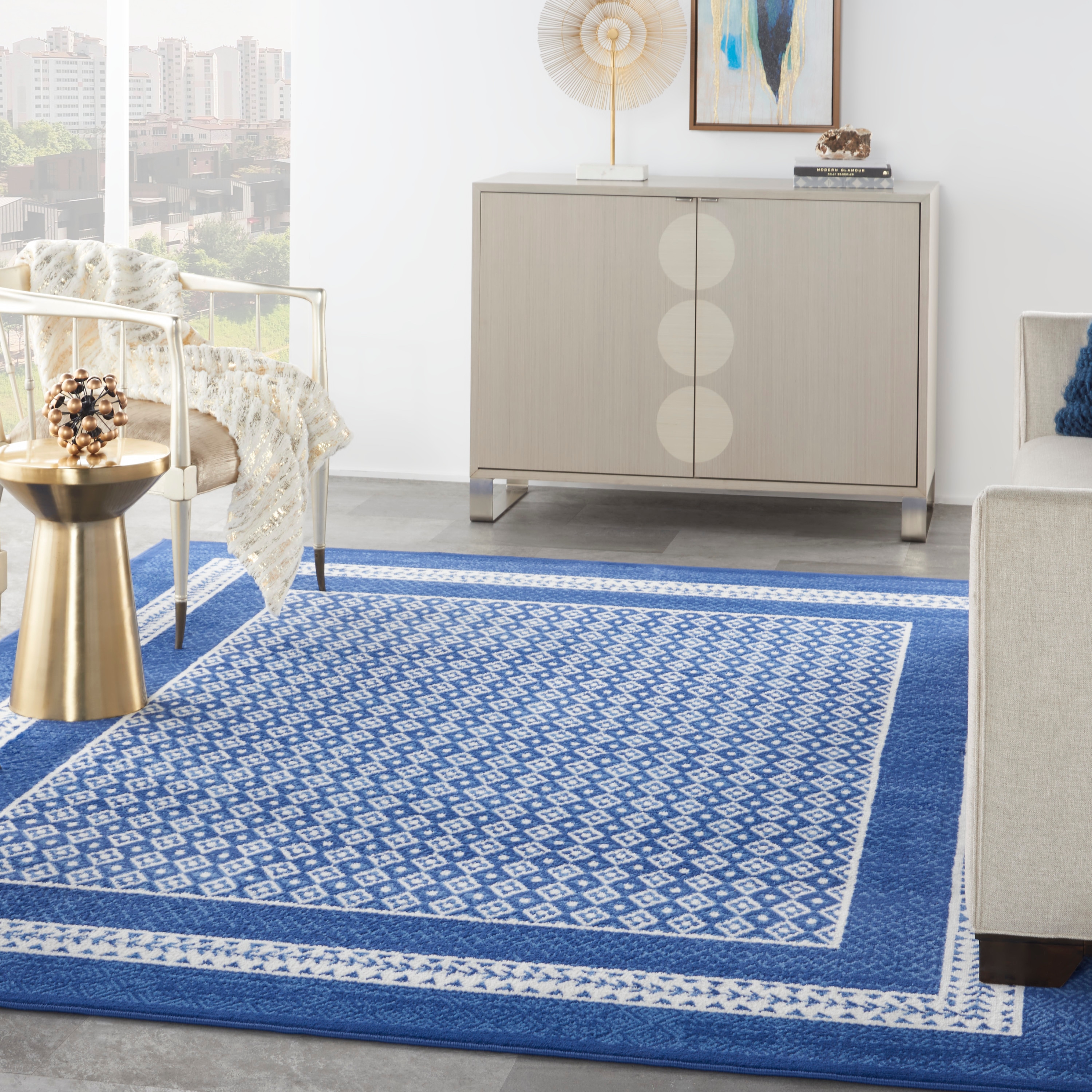 Nourison 99446834256 Whimsicle 7 x 10 (ft) Loomed Polypropylene Navy Rectangular Indoor Border Area rug