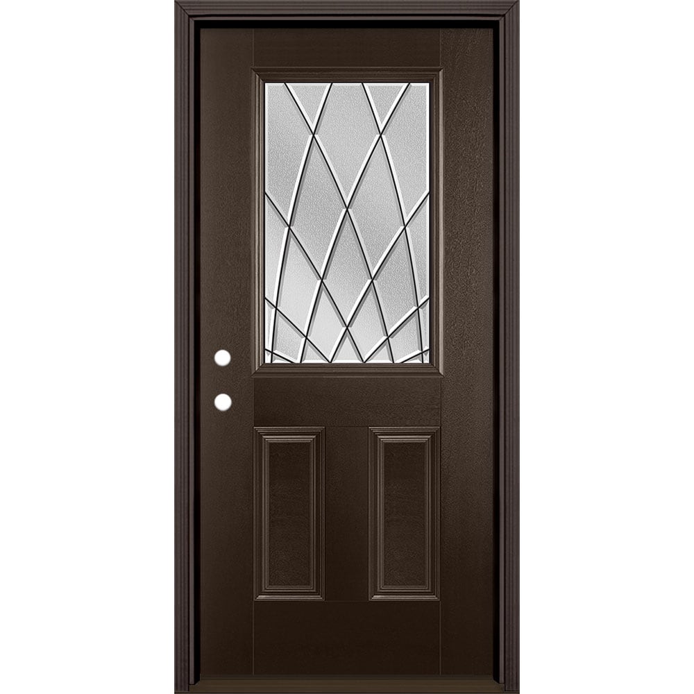 Masonite 3423390 Ventata 36-in x 80-in x 4-9/16-in Fiberglass Half lite Right-hand inswing Walnut Stained Prehung Single door Front Door with Brickmould Insulating core Decorative glass