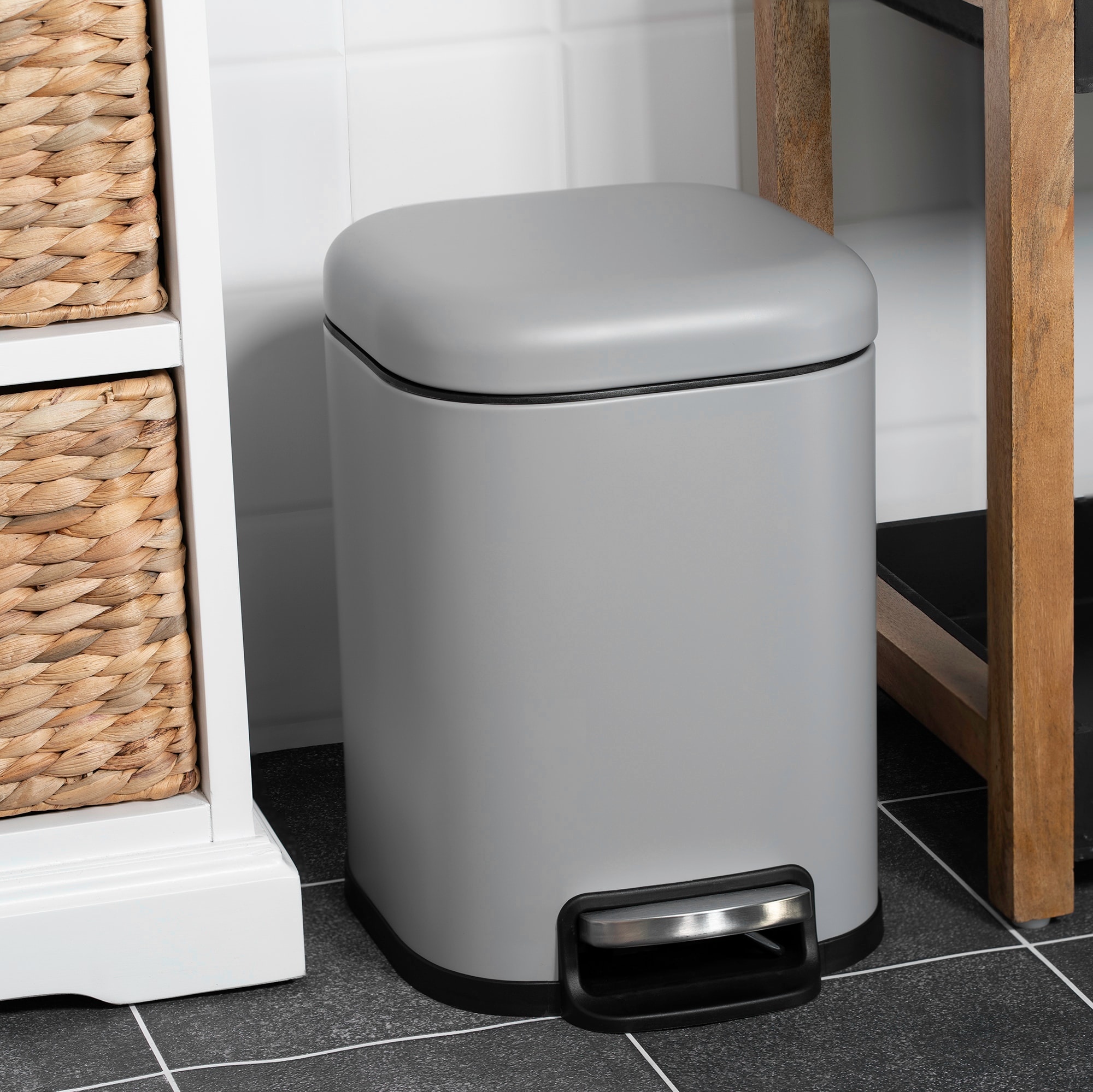 Matte Gray Stainless Steel Square Pedal Bathroom Trash Can