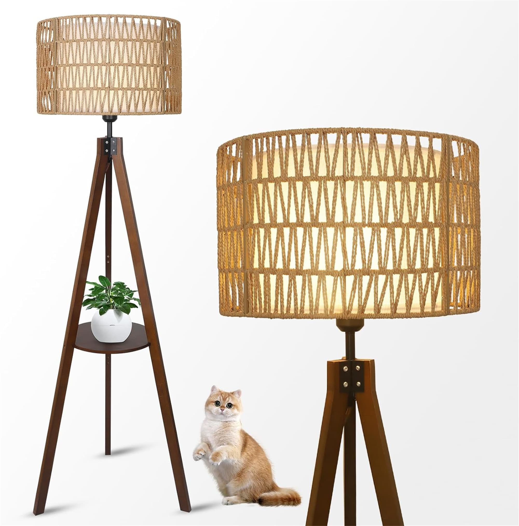 BABOOM BOM-0107038-OR Wood Standing Lamp 59-in Brown Tripod Floor Lamp with Rattan Shade