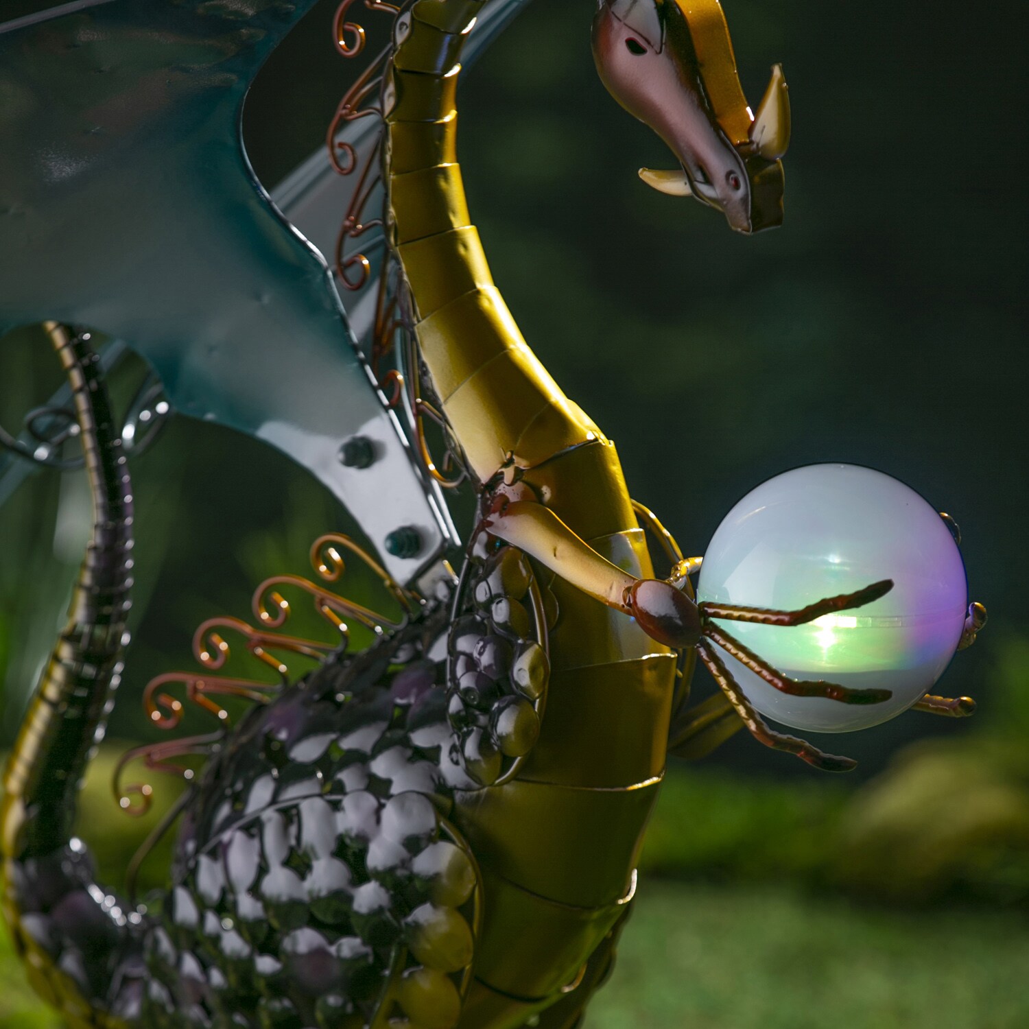 Majestic Black and Gold Metal Dragon Garden Statue with Solar Globe