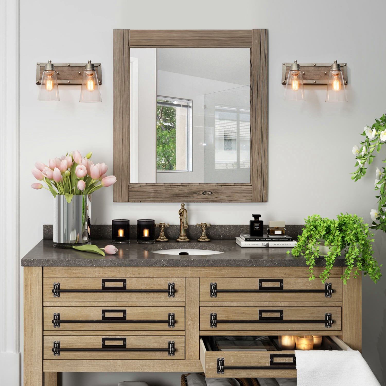 LNC Sabrina 14.1-in 2-Light Antique Aluminum LED Transitional Vanity ...