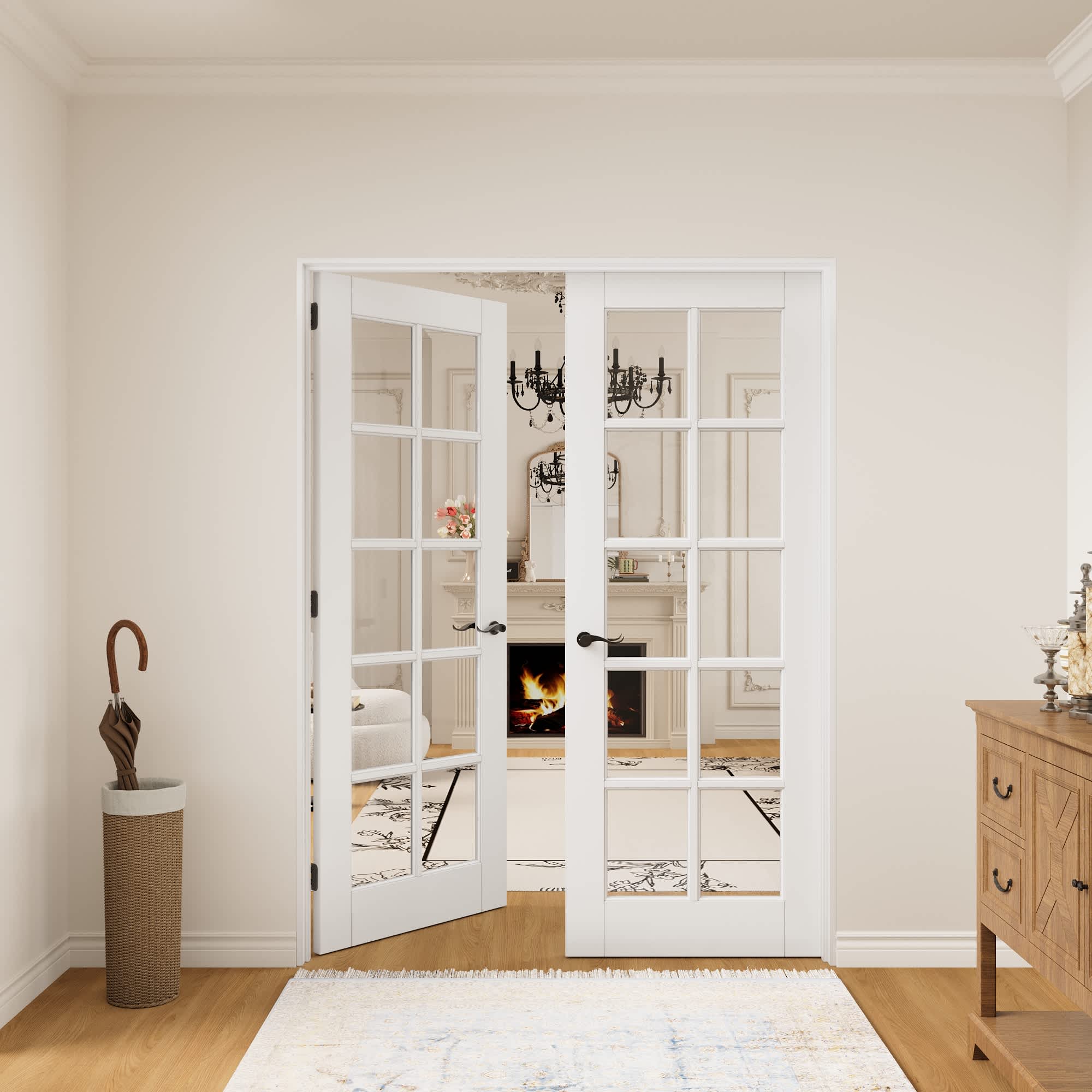 HYALON 10-Lite Solid Core MDF Tempered Clear Glass and Manufactured Wood White Primed Interior French Door
