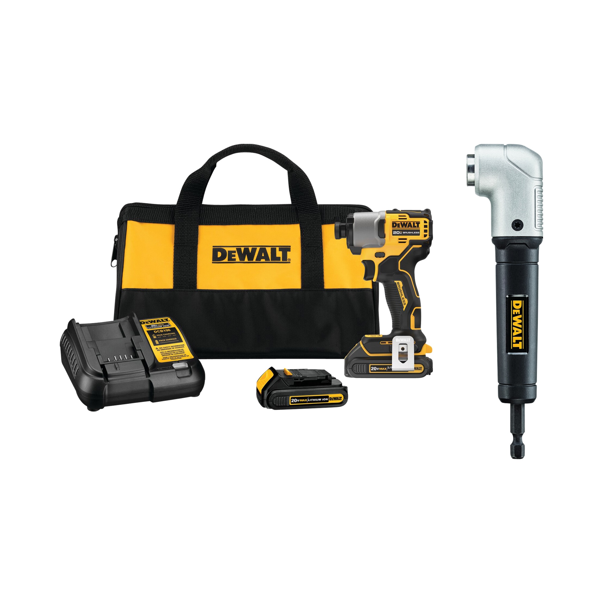 DEWALT Impact Ready Right Angle Drill Attachment & Brushless 20-volt Max 1/4-in Variable Speed Brushless Cordless Impact Driver (2-Batteries Included)