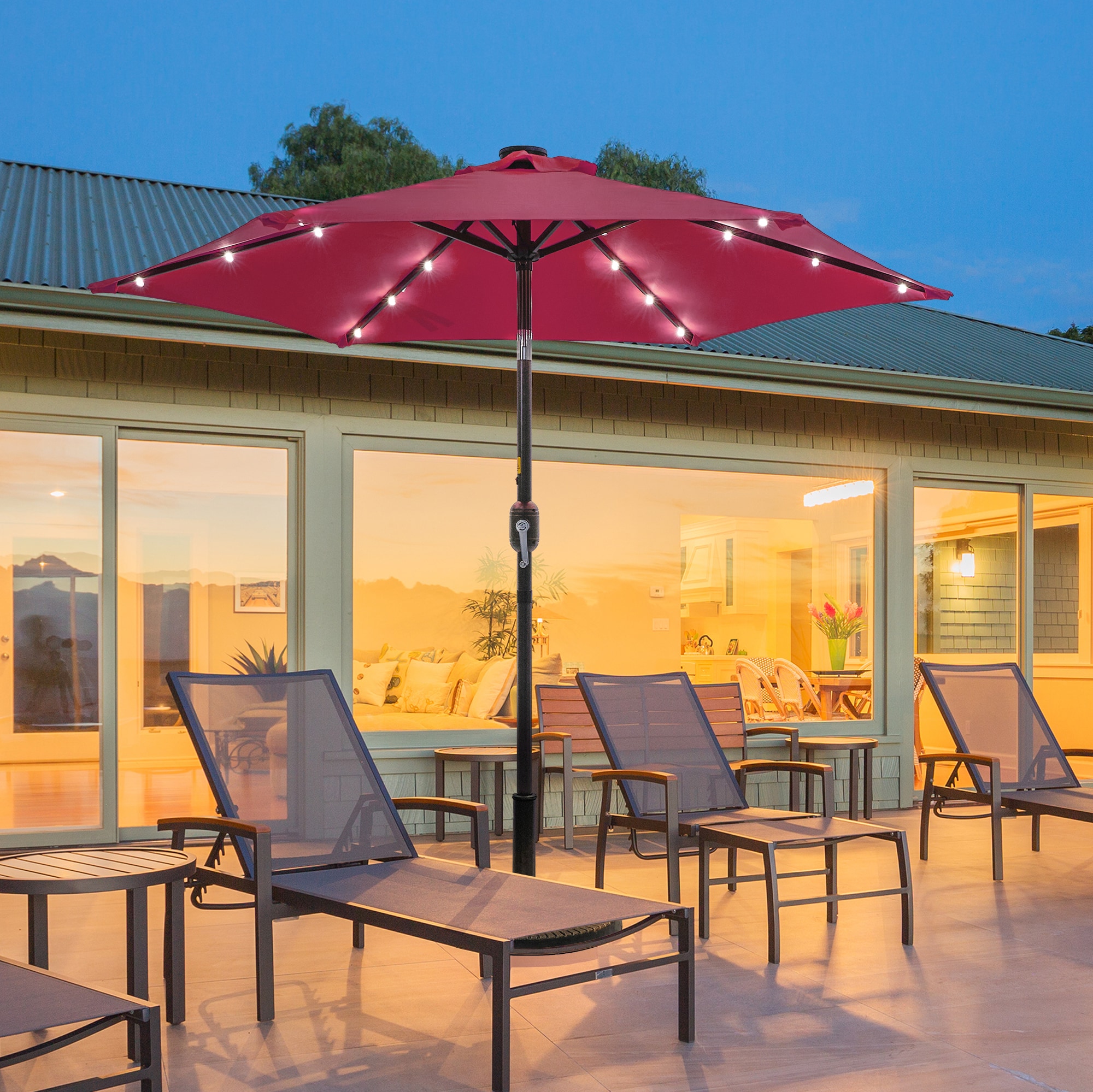 Sonkuki SD-LED90RD 7.5-Feet Steel Red Push-button Tilt Market Patio Umbrella with Lights and