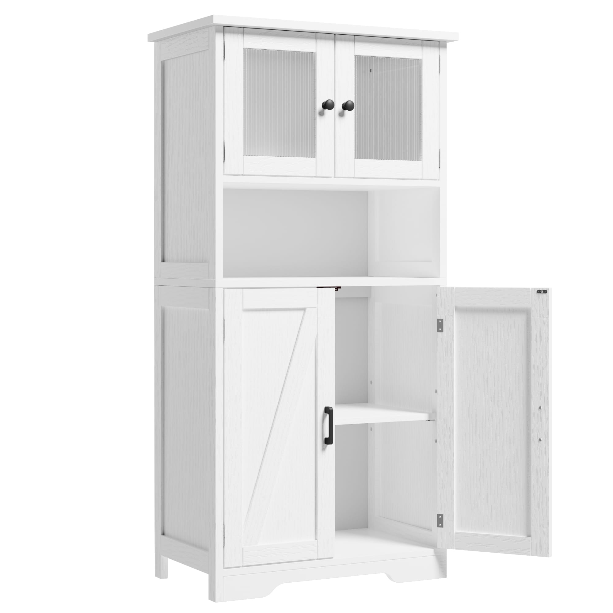 WhizMax PHO-0Z55SL8M-KLN White 67 Inch Tall Freestanding 3 Tier Storage Cabinet with 4 Doors and Adjustable Shelves for Living Room Dining Room Bathroom Entryway