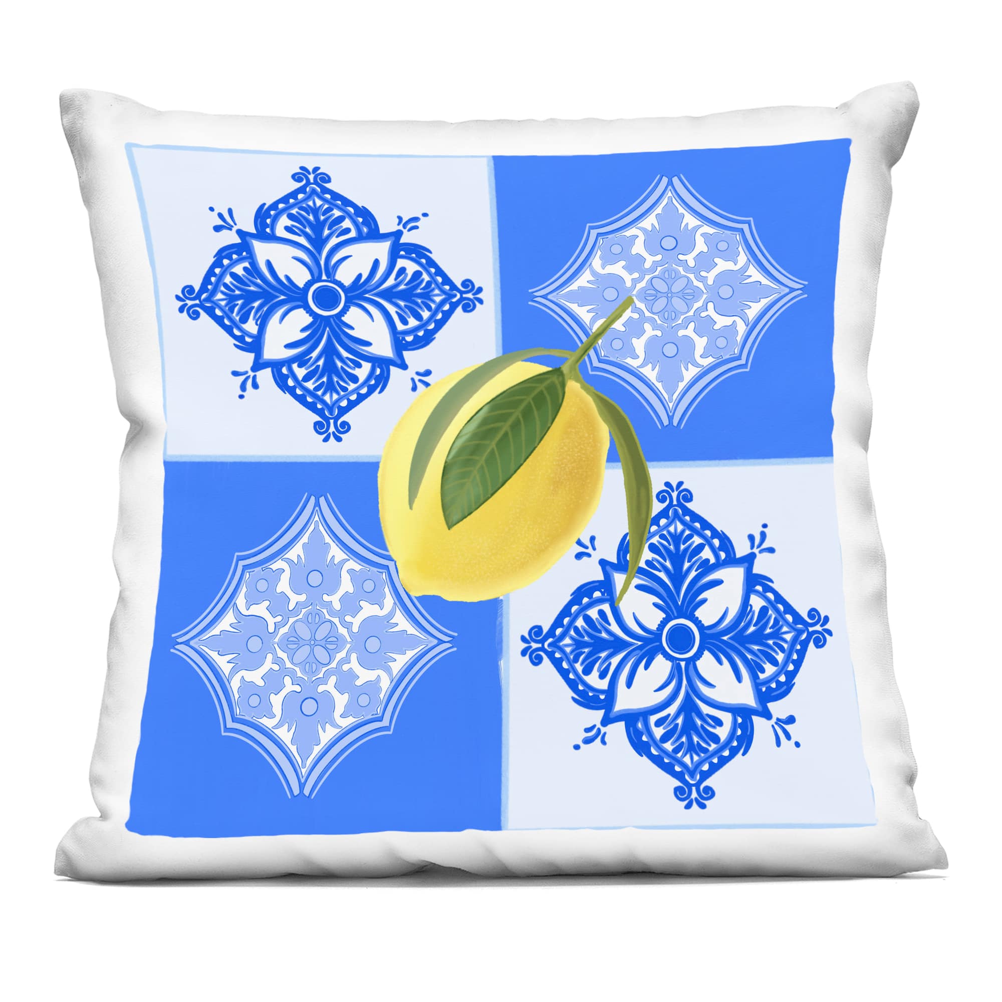 Stupell Industries PLP-942-SQW-18X18 Lemon over Geometric Tiles Decorative Printed Pillow Design by Ashley Singleton