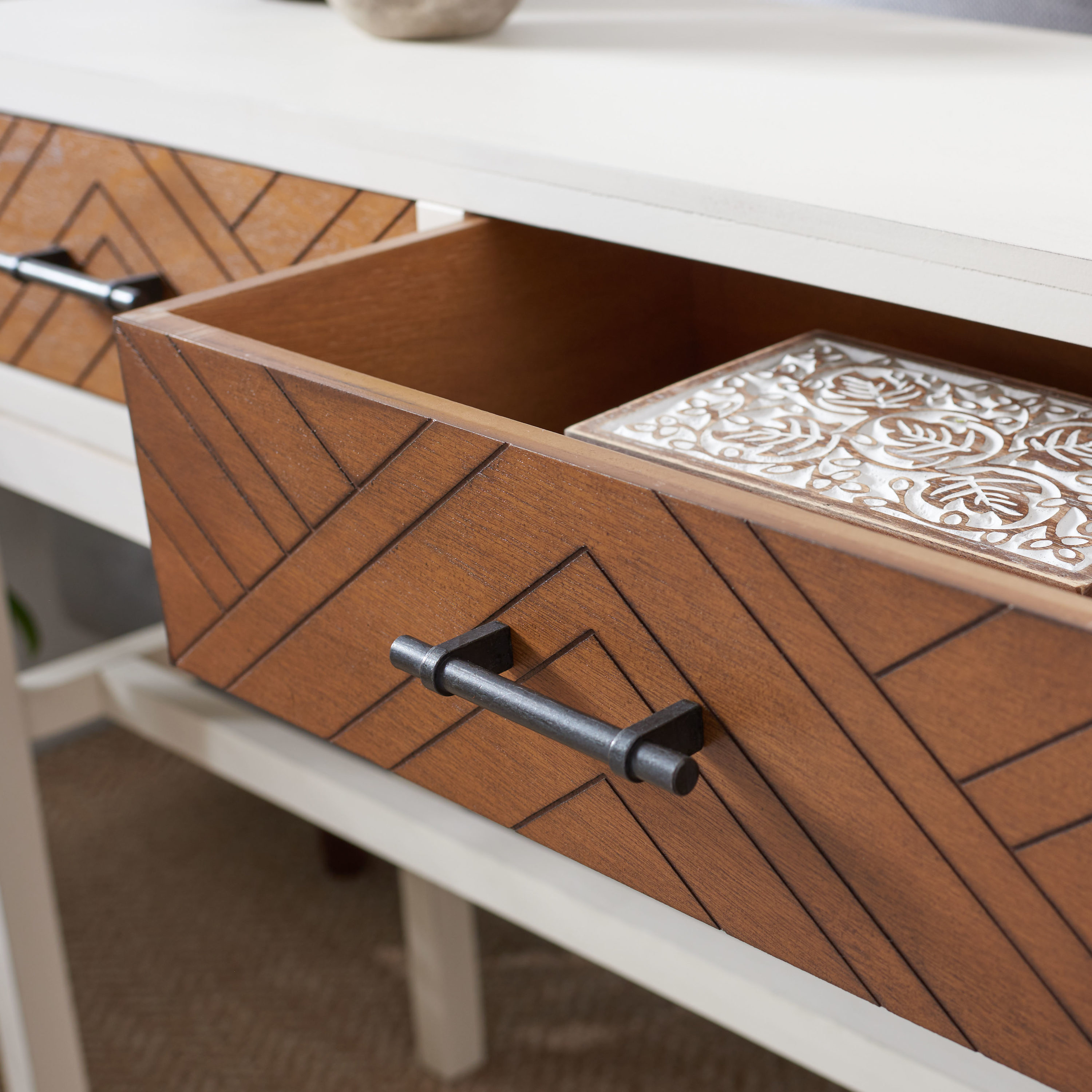 Ajana Distressed White & Honey Brown Chevron 2-Drawer Console Table