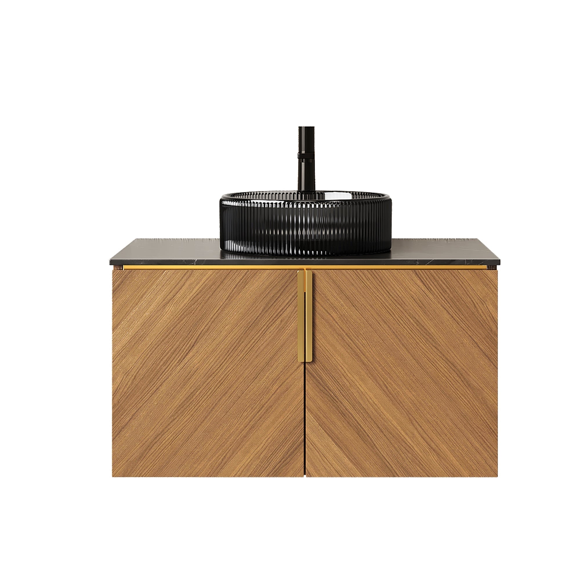 LIVACA - 30 inch Brown Oak Woodgrain Black Sintered Stone Bathroom Vanity with Double Doors and T...