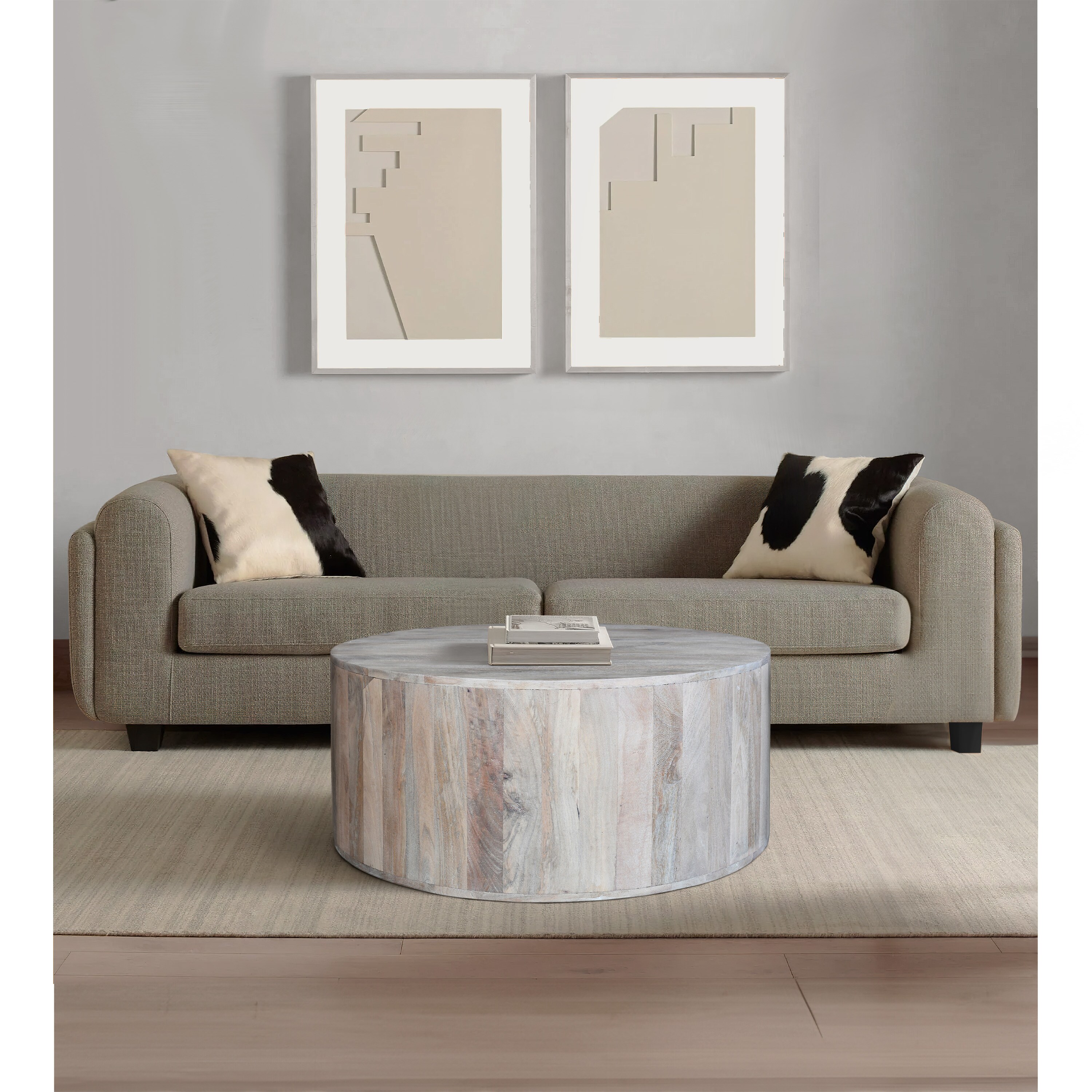 36" Round White Washed Mango Wood Lift-Top Coffee Table