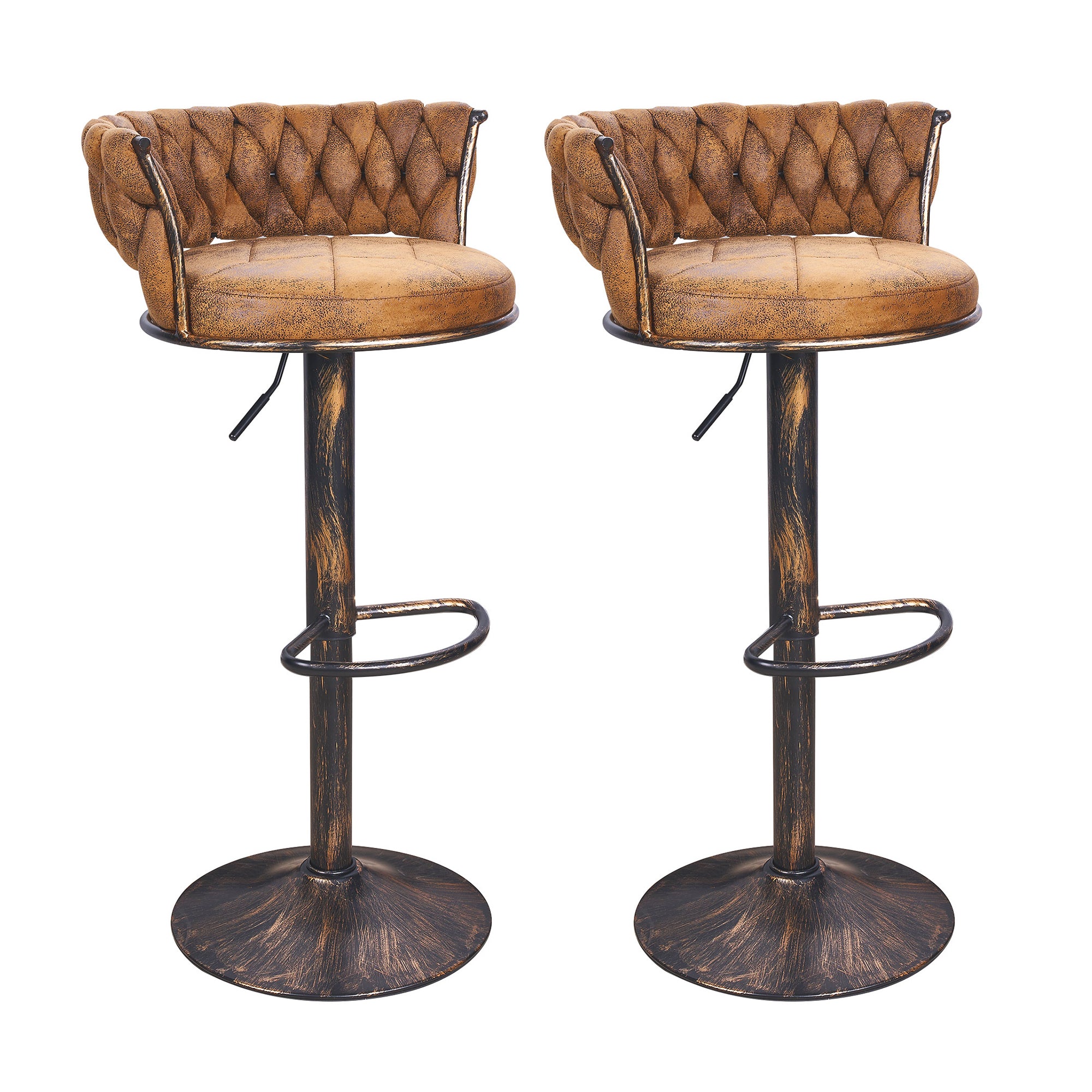 Vecelo Adjustable Velvet Bar Stools Set of 2 Swivel Counter Height Bar Chairs Woven Back Upholstered Kitchen Island Stools with Footrest Chrome Base Brown