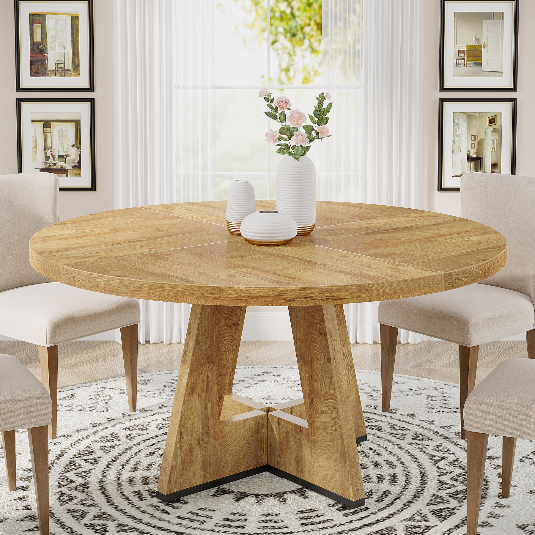 Fnova LWTJ-XK00753 Light Brown Round Farmhouse Dining Table, MDF with Wood finish Wood Pedestal Base 47.24-in L x 29.53-in H