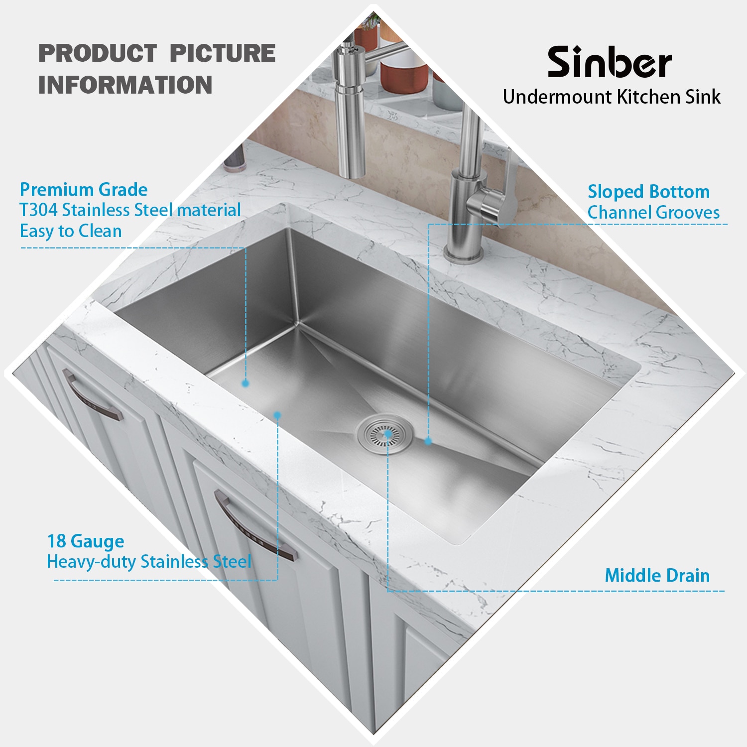 Sinber 30" Stainless Steel Drop-In Single Bowl Kitchen Sink