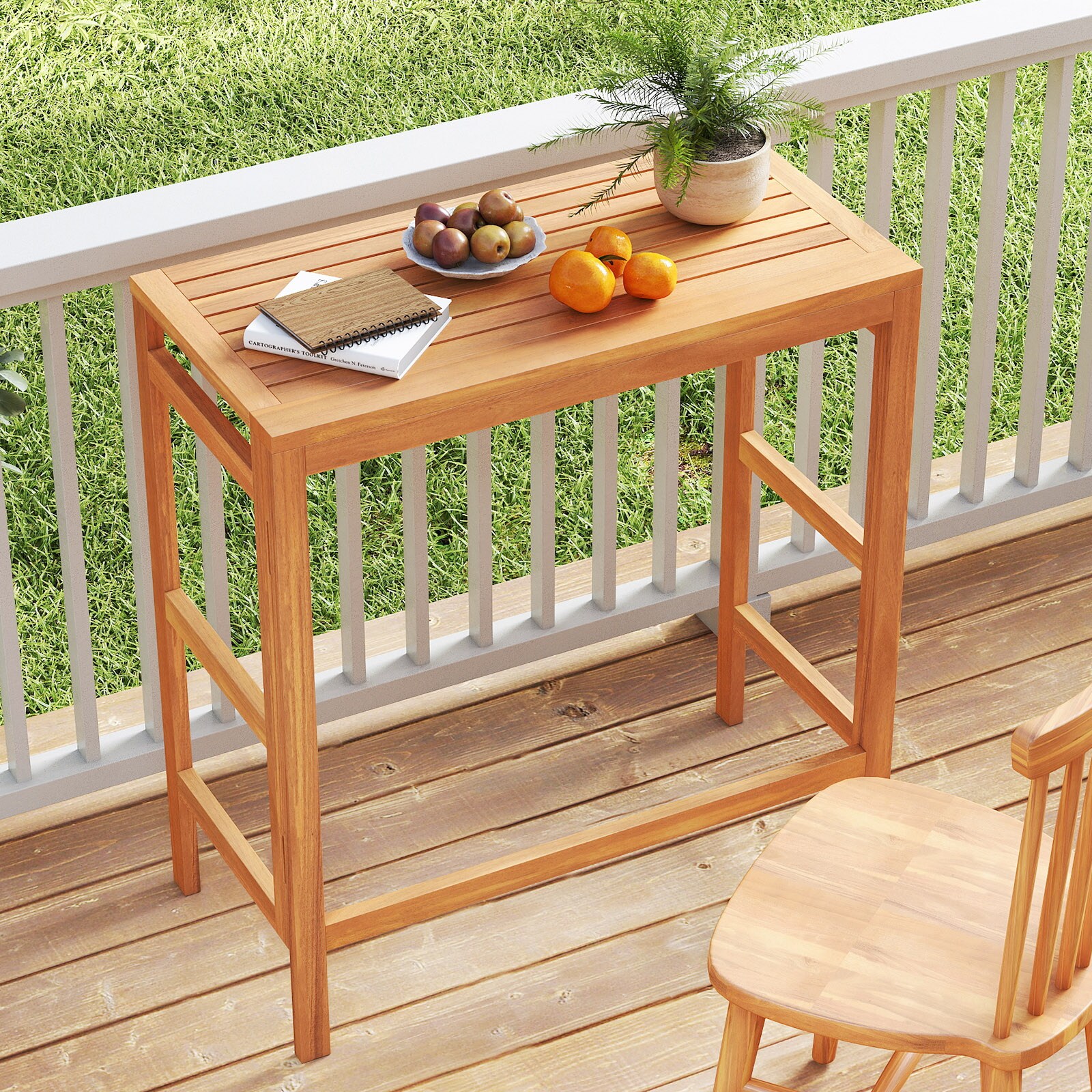 SUGIFT Acacia Wood Outdoor Bar Table 29.5 in Folding with Slatted Tabletop Built-in Footrest 165 lb for Balcony Patio