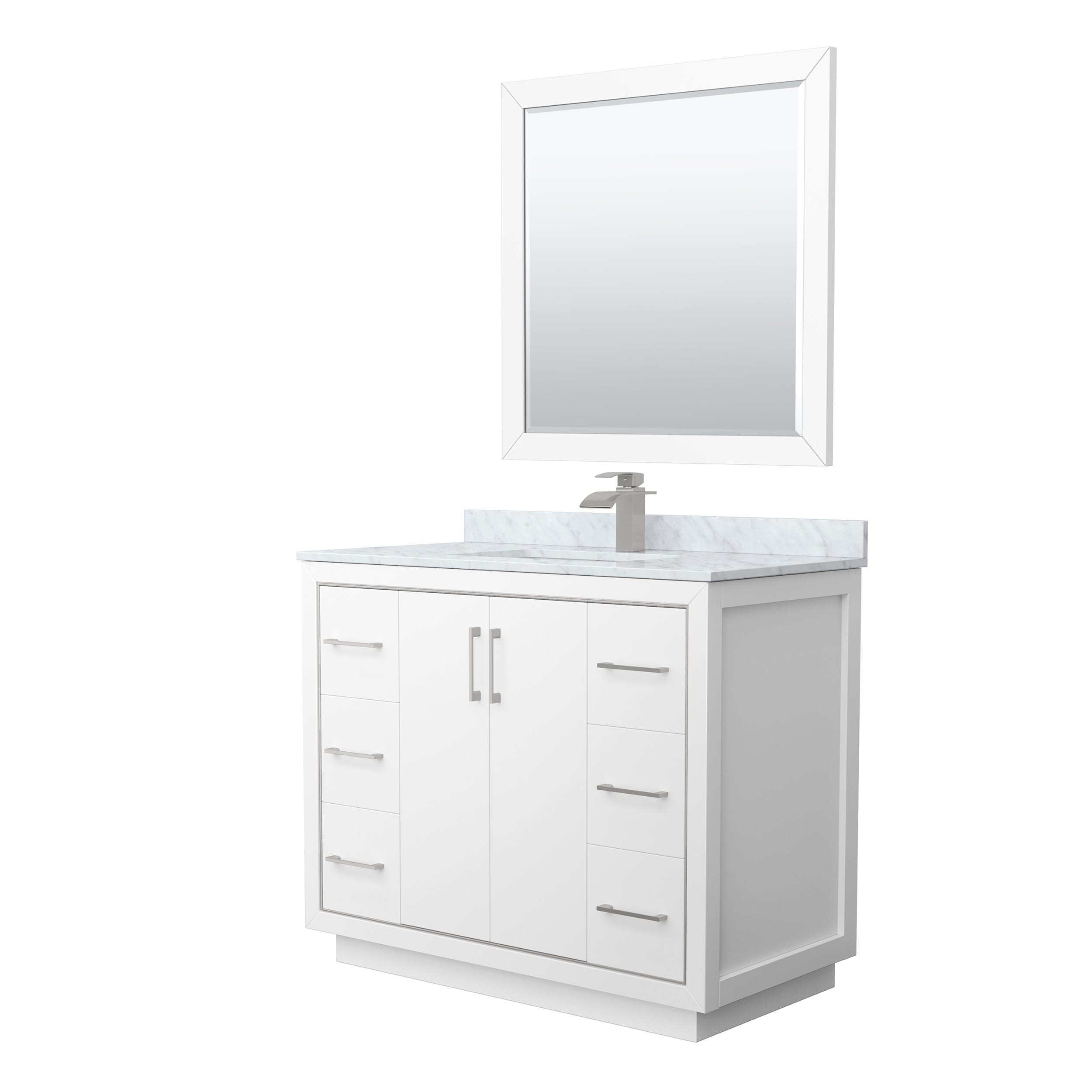 Wyndham Collection WCF111142SWHCMUNSM34 Icon 42-in White with Brushed Nickel Trim Undermount Single Sink Bathroom Vanity with White Carrara Marble Natural Marble Top (Mirror Included)