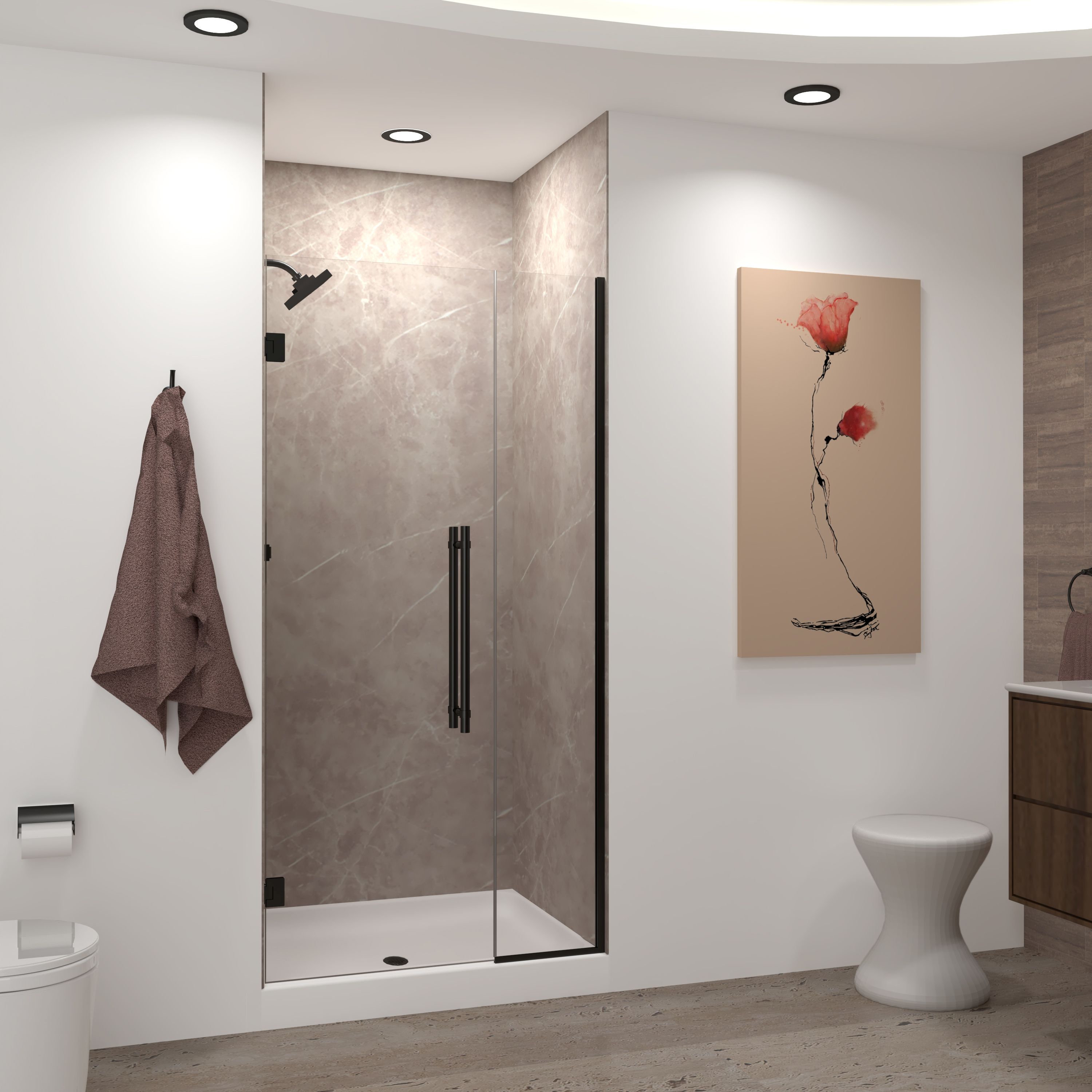 Transolid EHTB375257610C-BK-MB Elizabeth Matte Black 37-1/2-in to 38-in W x 76-Inches H Semi-frameless Hinged Soft Close Shower door 5/16-in Thick Clear Glass