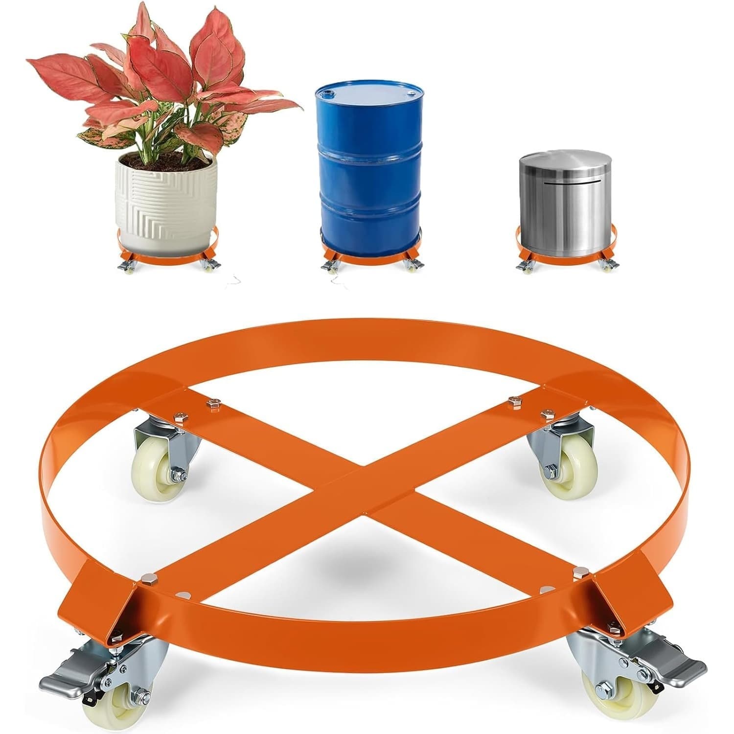 Qeetex GGL-PLS-3397BM98 4-Wheels 55 Gallon Heavy Duty Drum Dolly 1000 Pound Capacity Barrel Dolly Cart Drum Caddy with Cross Braces Swivel Casters Wheel Non Tipping Design Barrel Cart with Brake for Warehouse Drum Handling-Orange