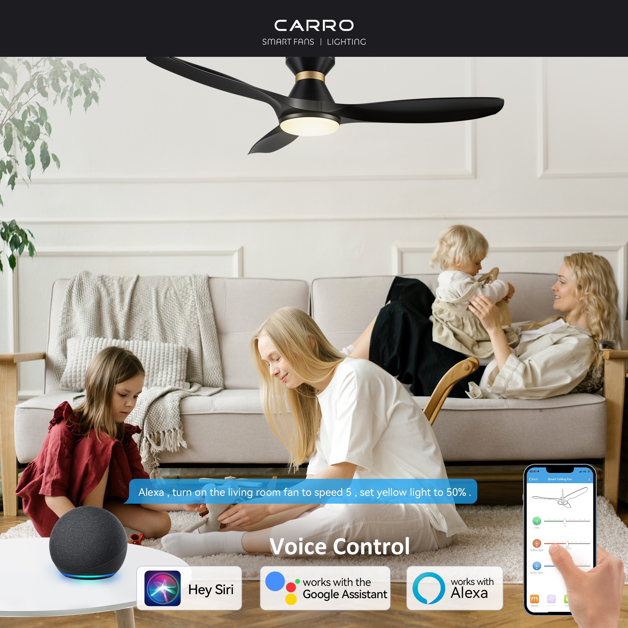 CARRO USA Kore 52-in Black Indoor Flush Mount Smart Ceiling Fan with Light and Remote (3-Blade) LS523A4-L12-B2-1-FMA Sansujyuku sansujyuku.com