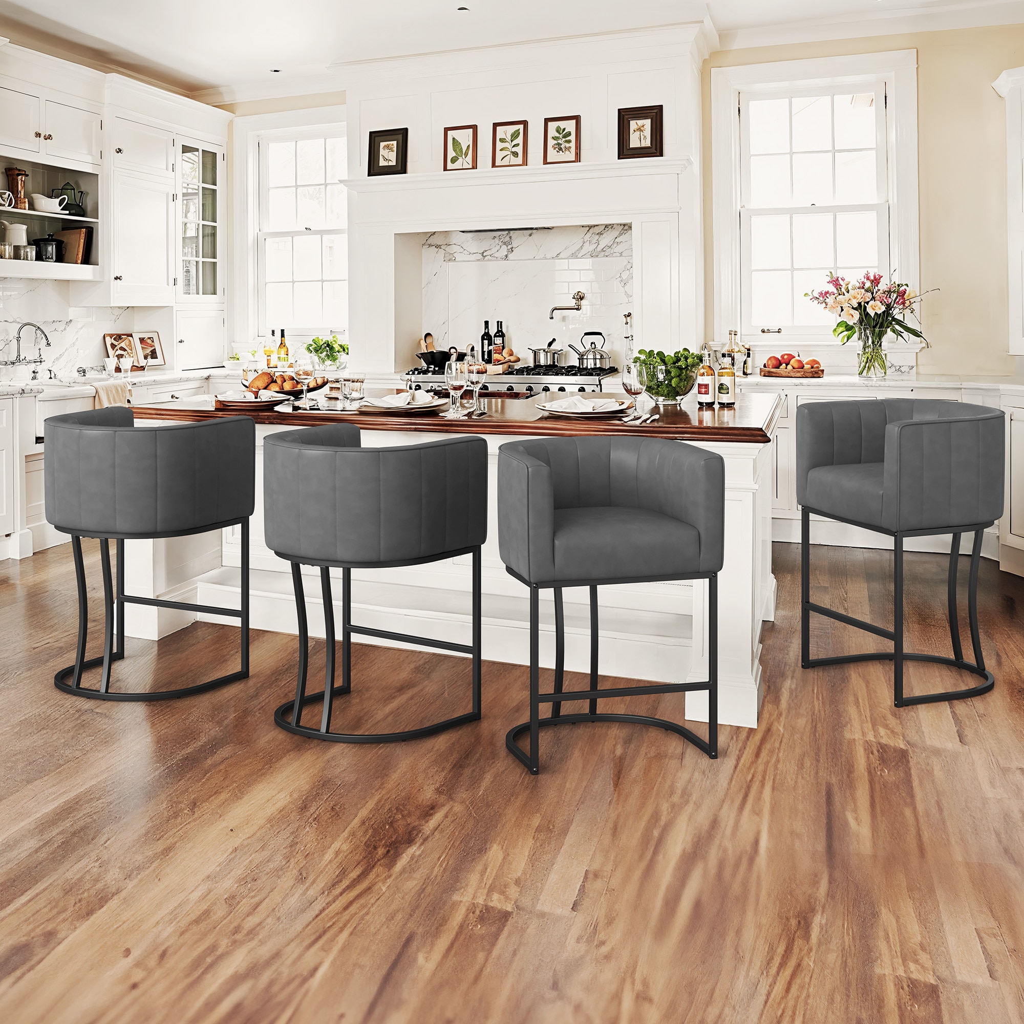 LUE BONA 4YB-146-03LS 4 -Set Dark Gray/Faux leather 26.4-in H Counter height Square seat Upholstered Metal Bar Stool with Arms and Back