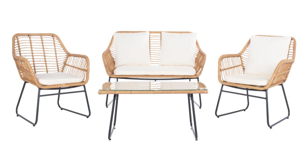 Safavieh PAT9005A Roston 4-Piece Rattan Patio Conversation Set with White Cushions
