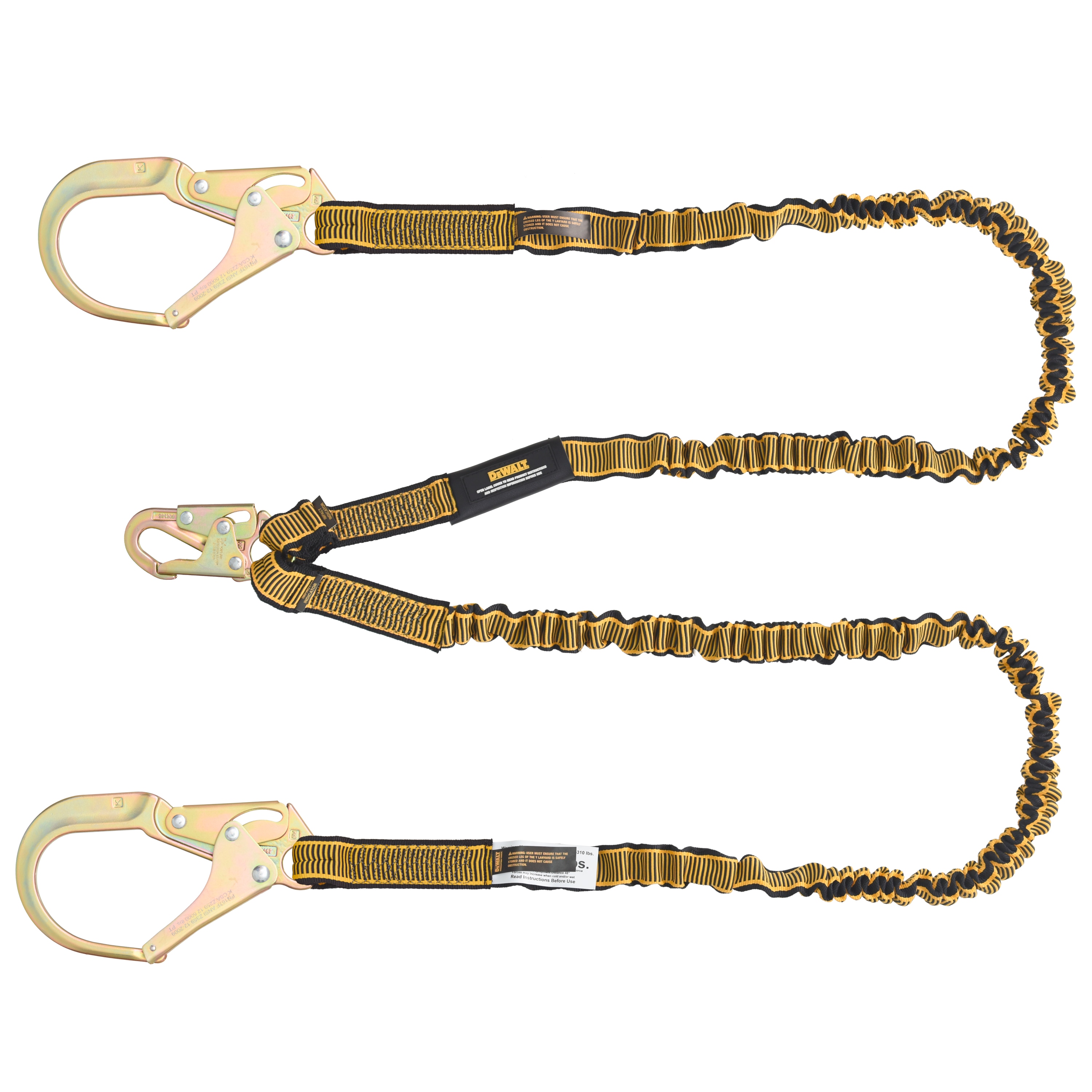 DEWALT DXFP613130 Dewalt 6 Ft. Lanyard, Twin, Internal Absorber, 4' To 6' Stretch Lanyard with Steel Snap Hook On D-ring End and Steel Rebar Hooks On Anchor End