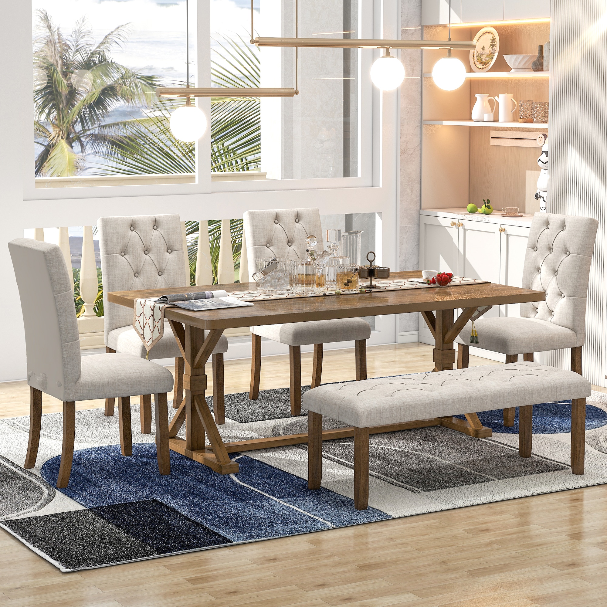 JANSNO DKSELL018 Walnut Rustic Dining Room Set with Rectangular Table ( Seats 6 )