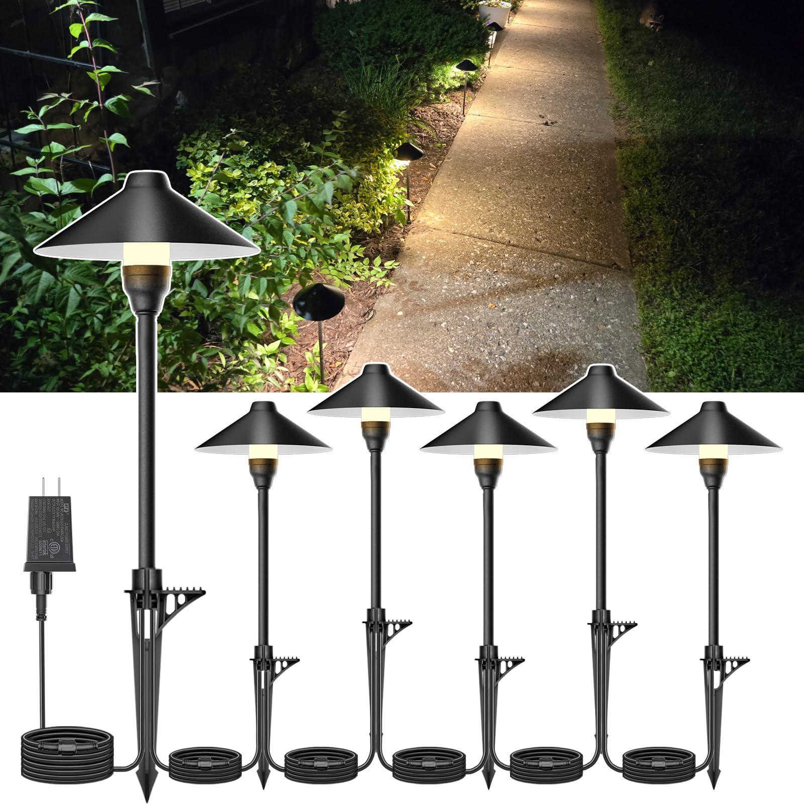 Phewnyzo  Low Voltage Path Lights with Timer Plug in Landscape Lighting 4H 6H 8H Timing 3000K LED IP65 Waterproof Set of 6 Non Hardwired
