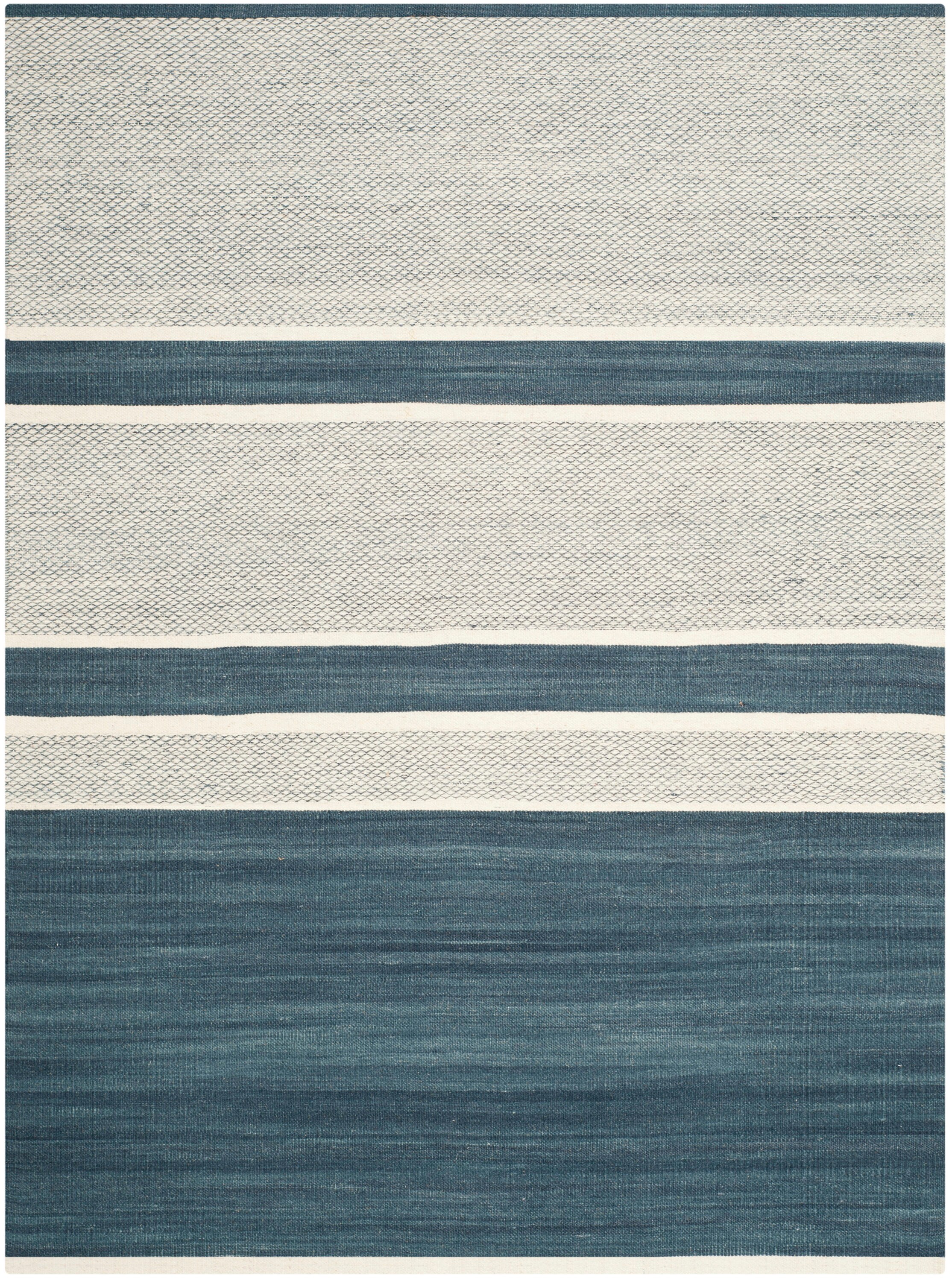 Blue and Ivory Striped Wool Cotton Kids' Washable Rug