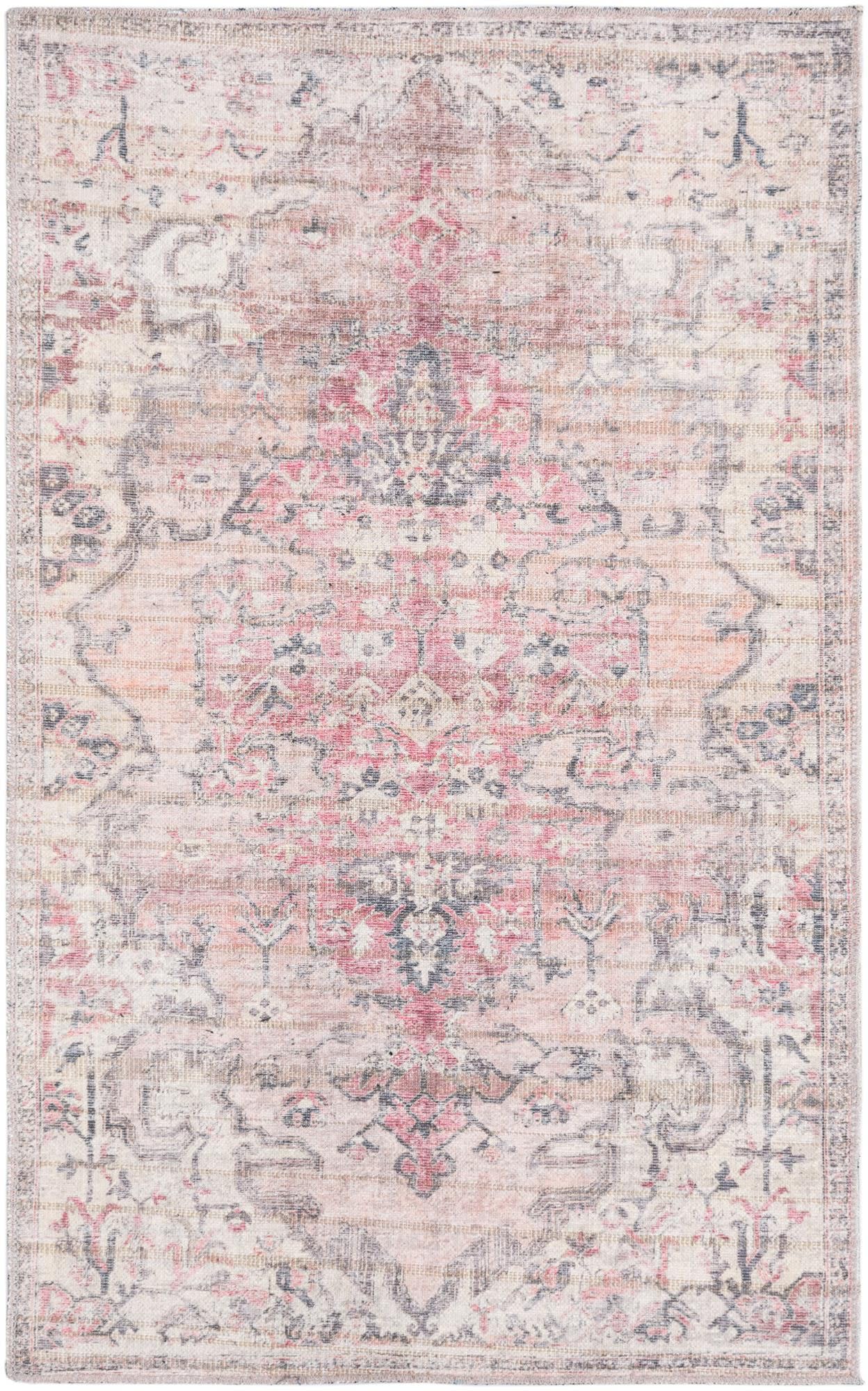 Ivory and Beige Pink Rectangular Washable Medallion Rug