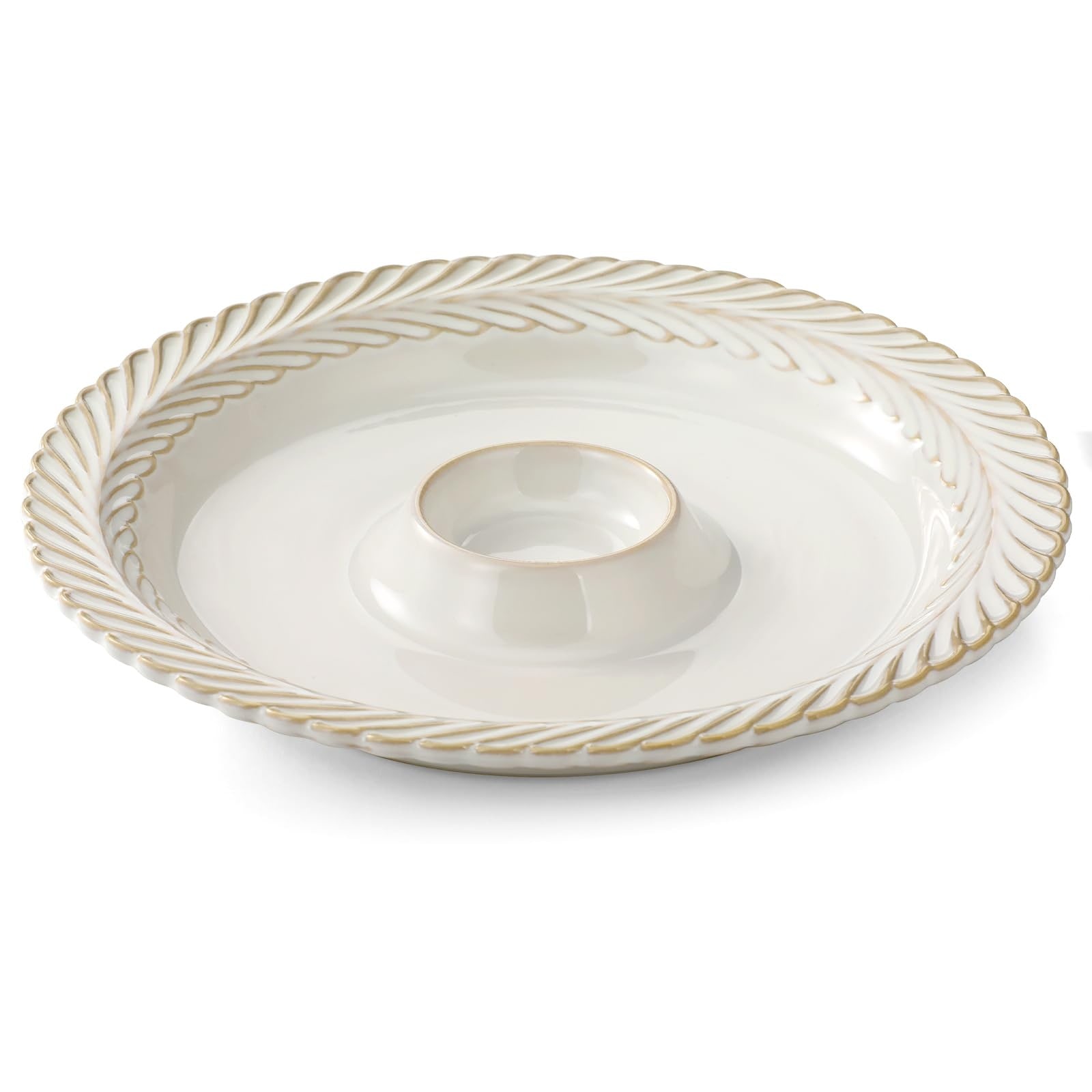 Aoibox  9 84 In White Ceramic Divided Chip and Dip Serving Tray with Leaf Motif for Snacks Vegetables Salsa