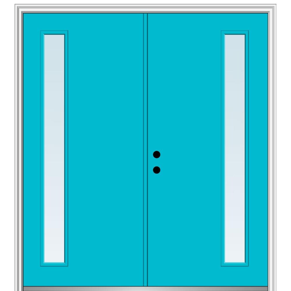 MMI DOOR ZZ345889R Spotlights 72-in x 80-in x 4-9/16-in Fiberglass Pulse lite Right-hand inswing Bahama Blue Painted Prehung Double Front Door with Brickmould Insulating core
