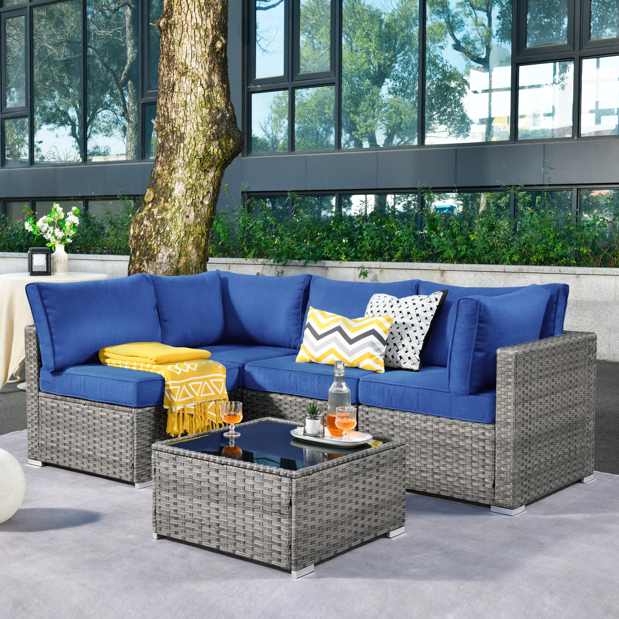 Pouuin SHOP705 Rattan Outdoor Sectional with Navy Cushions and Wicker Frame